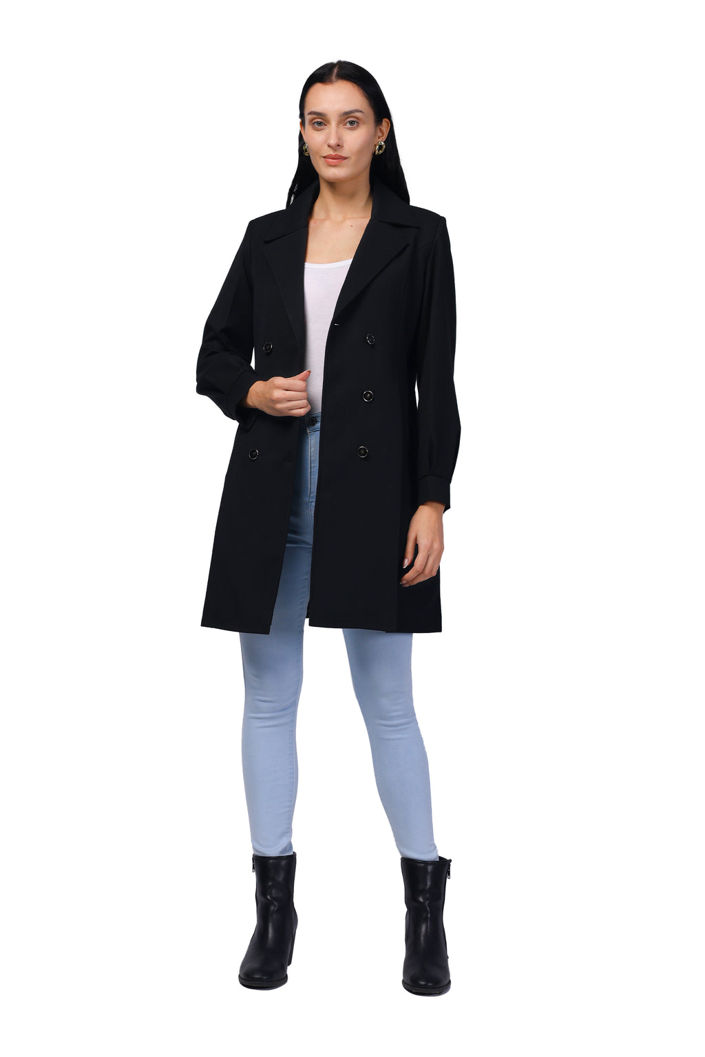 Women's Double Breasted Long Coat in Light Weight Tweed Fabric