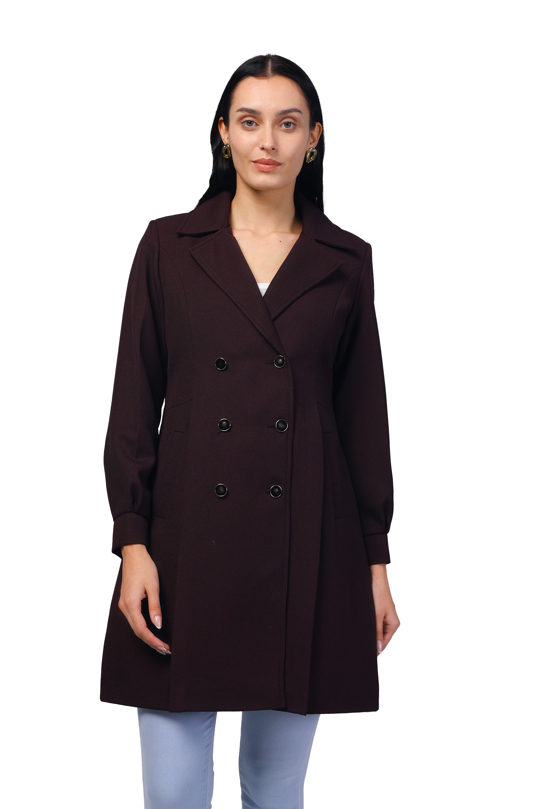 Women's Double Breasted Long Coat in Light Weight Tweed Fabric