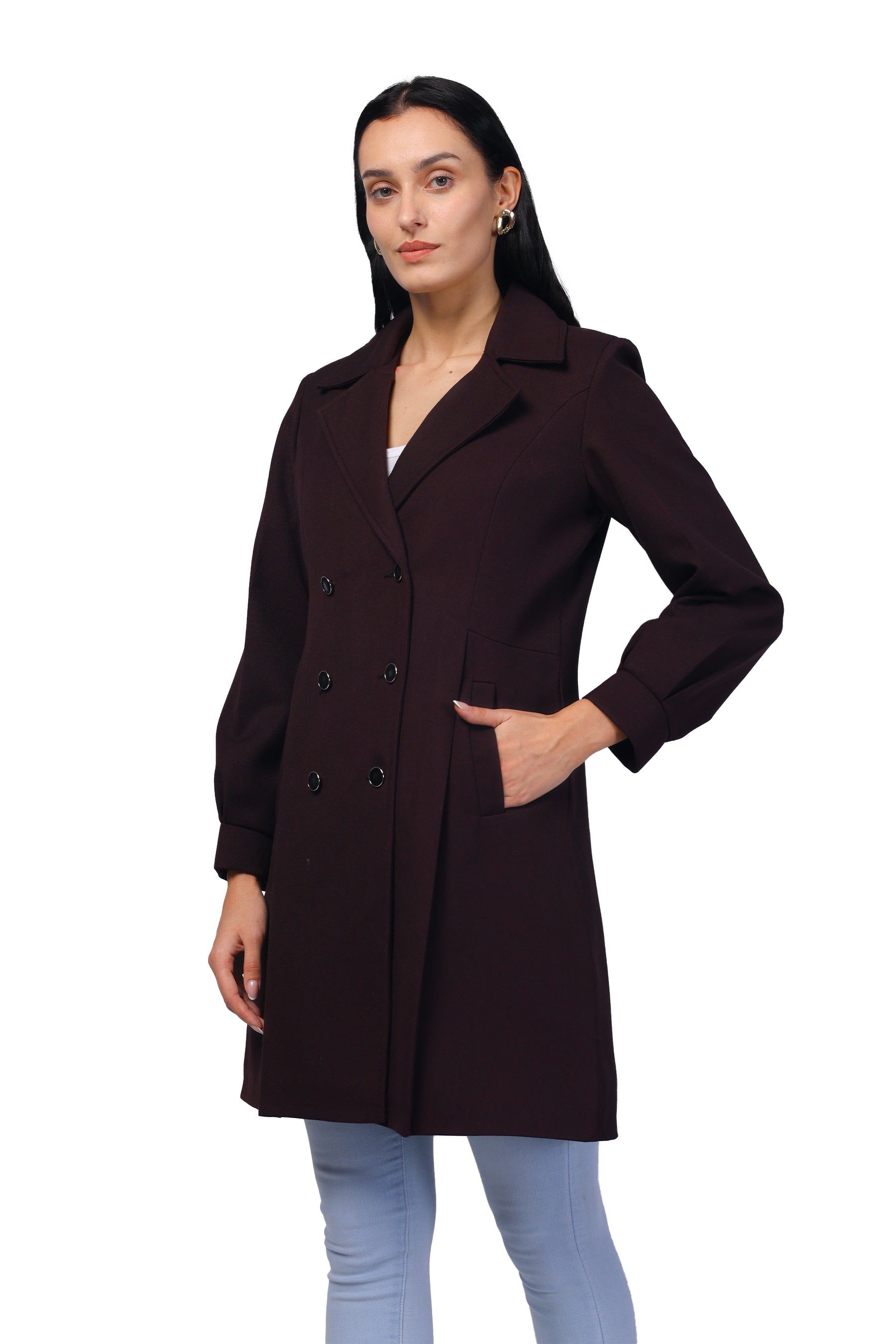 Women's Double Breasted Long Coat in Light Weight Tweed Fabric