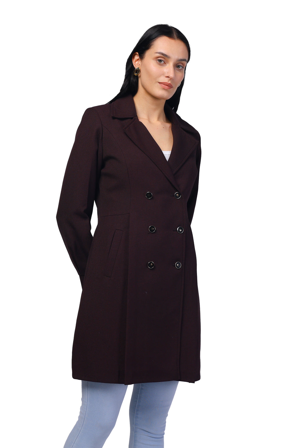 Women's Double Breasted Long Coat in Light Weight Tweed Fabric