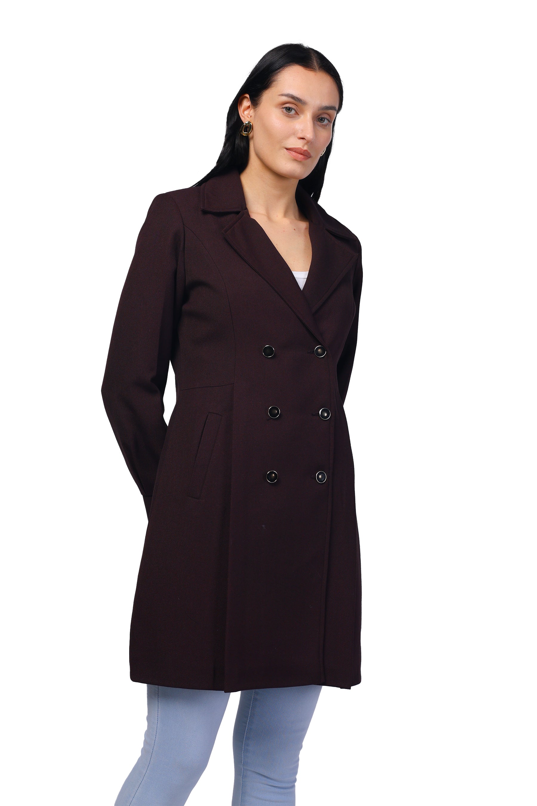 Women's Double Breasted Long Coat in Light Weight Tweed Fabric