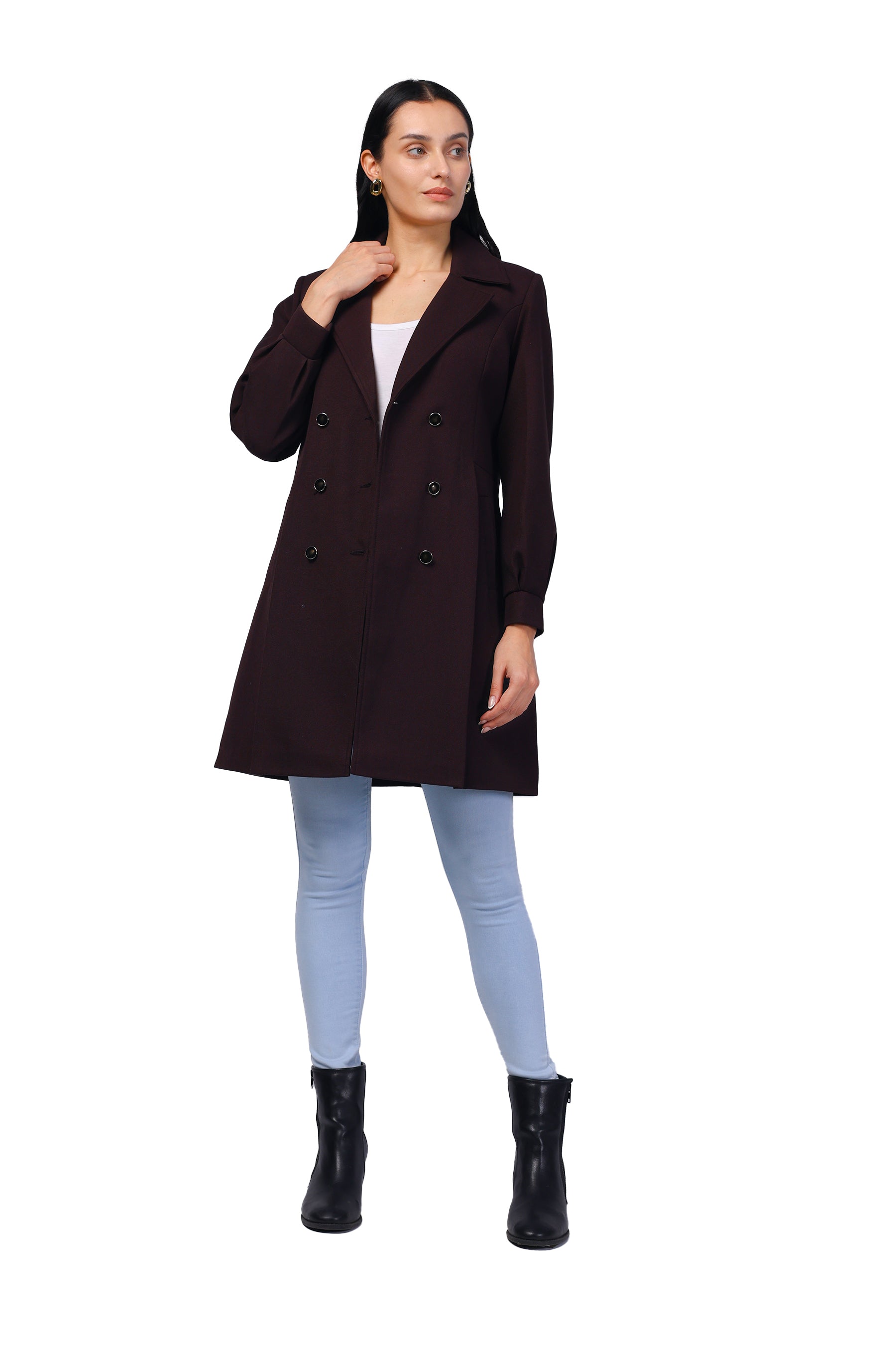 Women's Double Breasted Long Coat in Light Weight Tweed Fabric