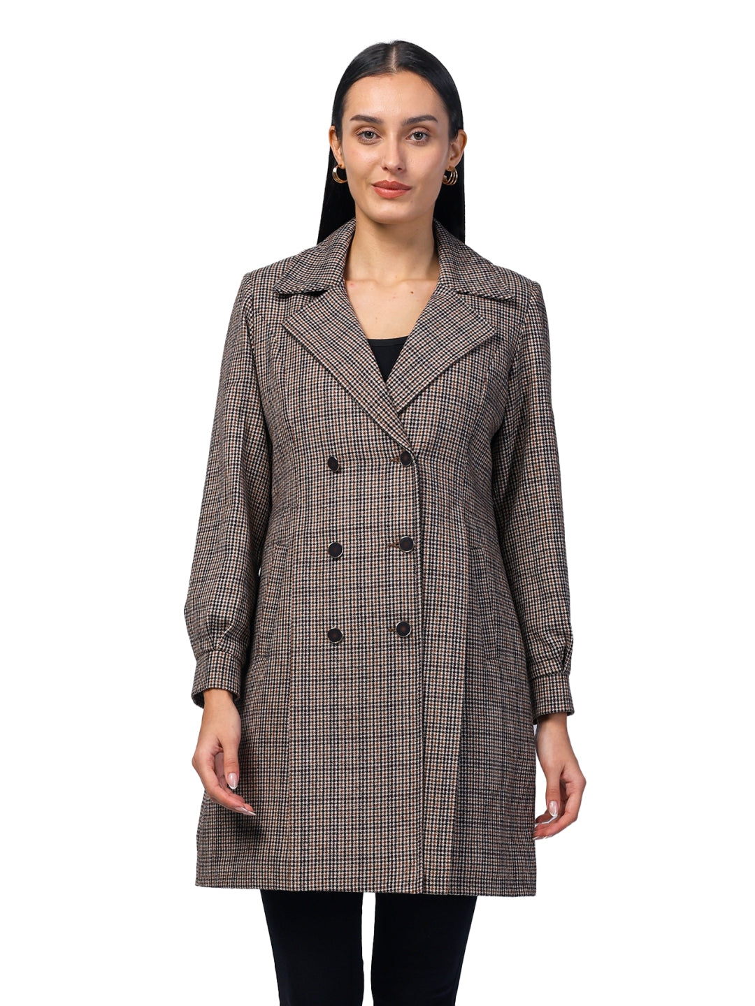 Double Breasted Checkered Long Coat in Light Weight Tweed Fabric