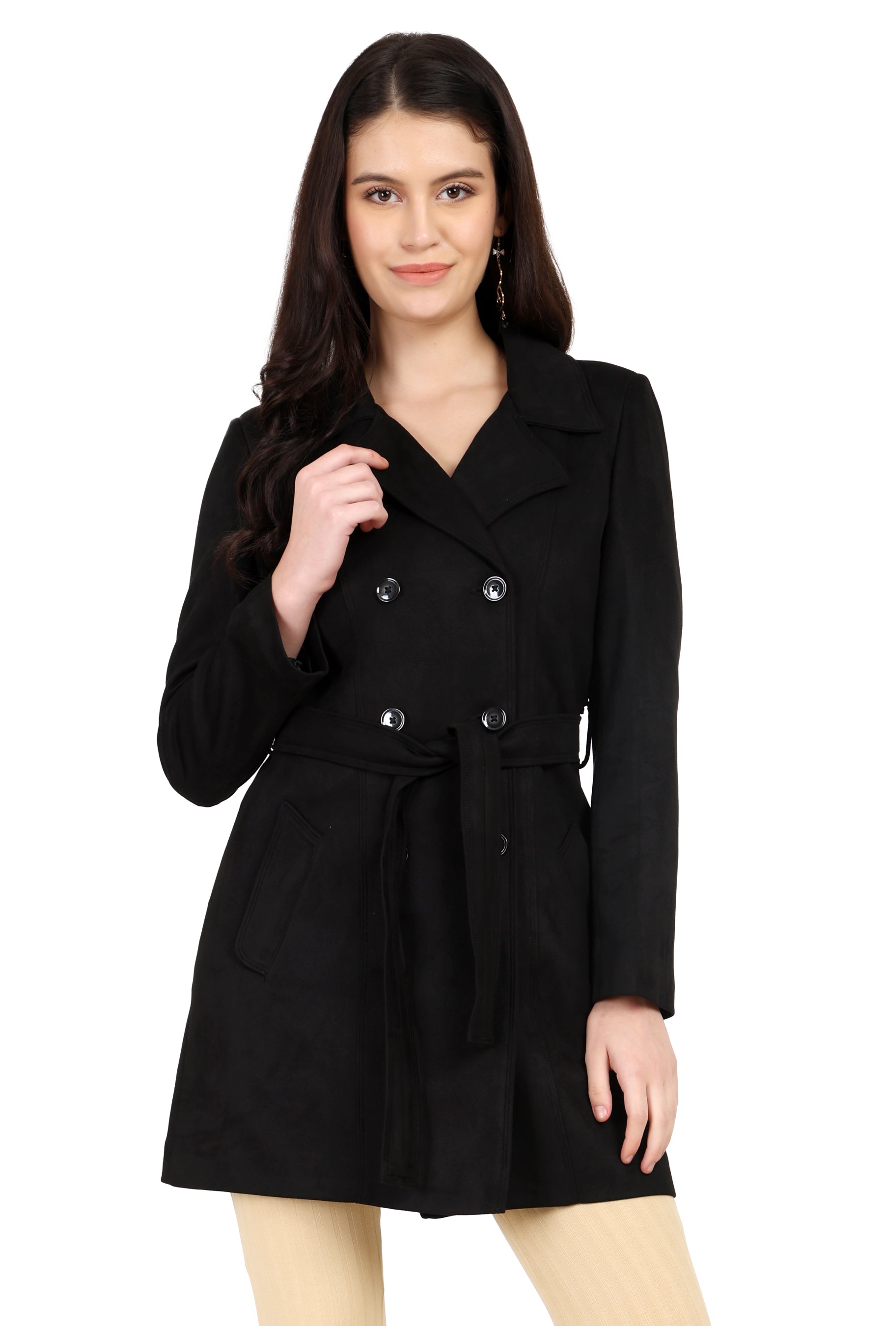Double Breasted Semi Long Coat in Scuba Suede Fabric