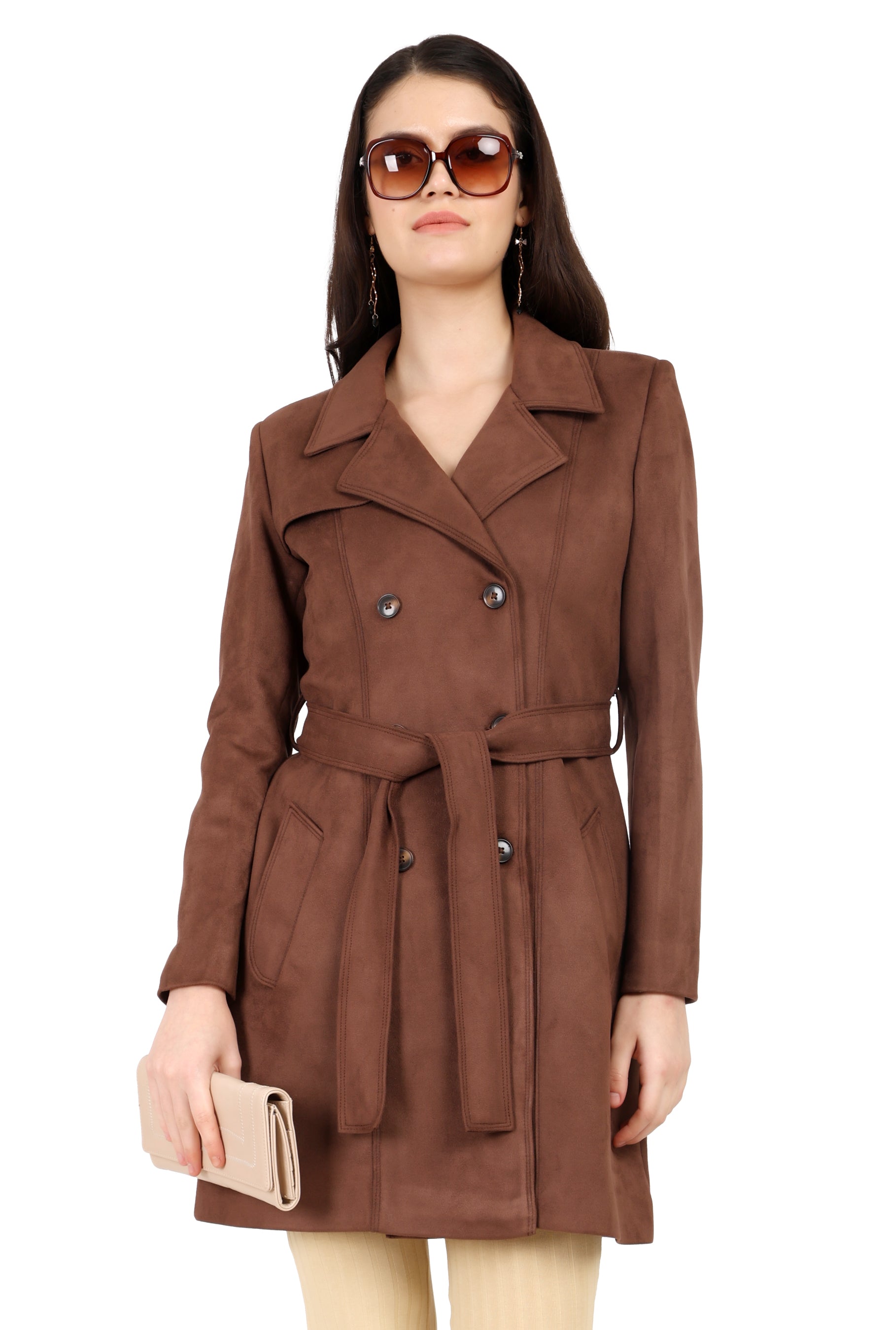 Double Breasted Semi Long Coat in Scuba Suede Fabric