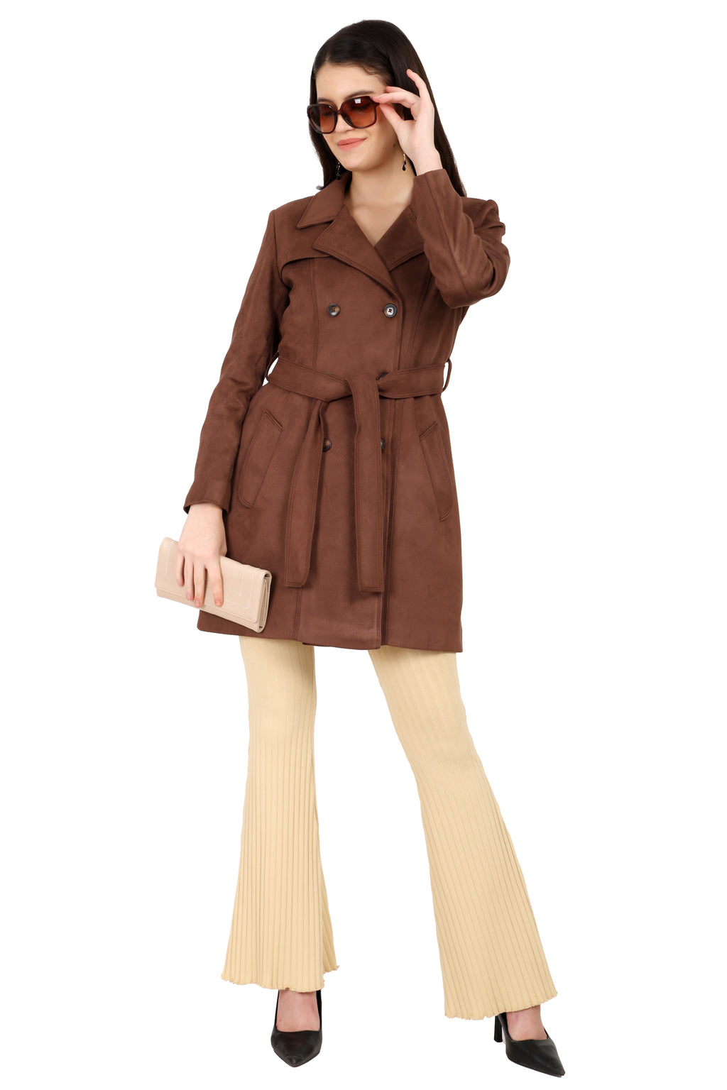 Double Breasted Semi Long Coat in Scuba Suede Fabric