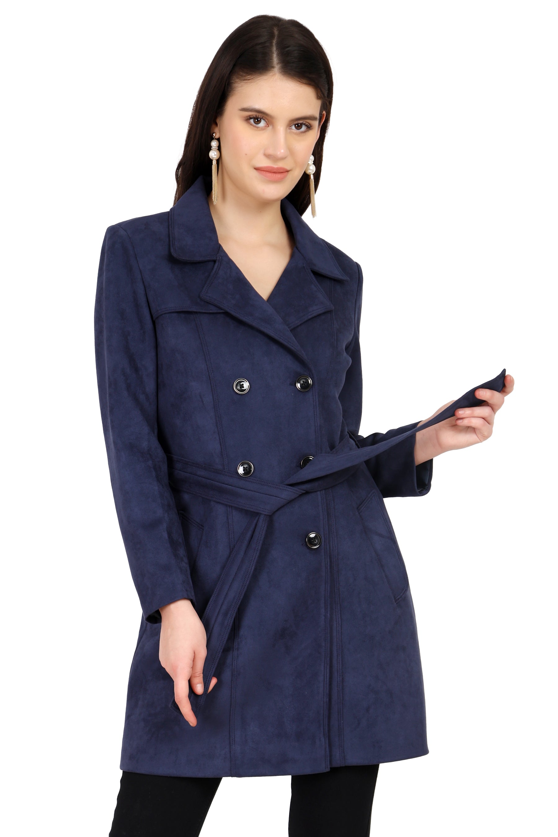 Double Breasted Semi Long Coat in Scuba Suede Fabric