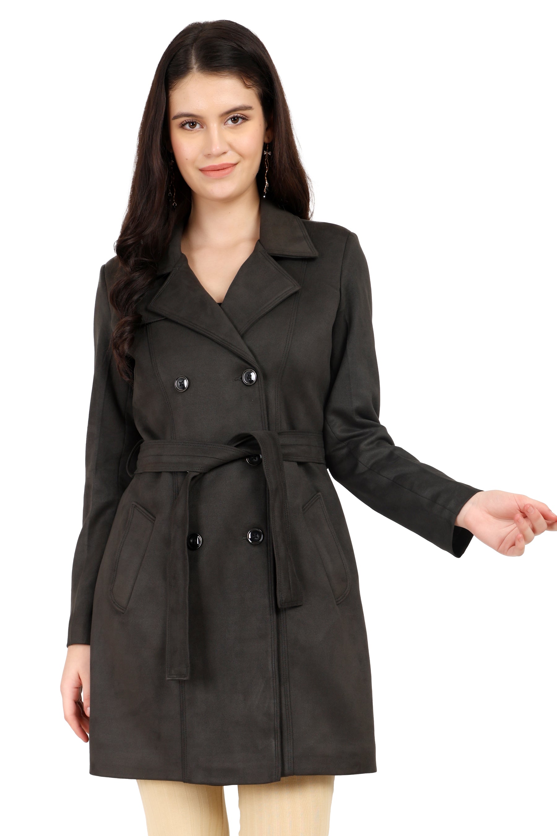 Double Breasted Semi Long Coat in Scuba Suede Fabric