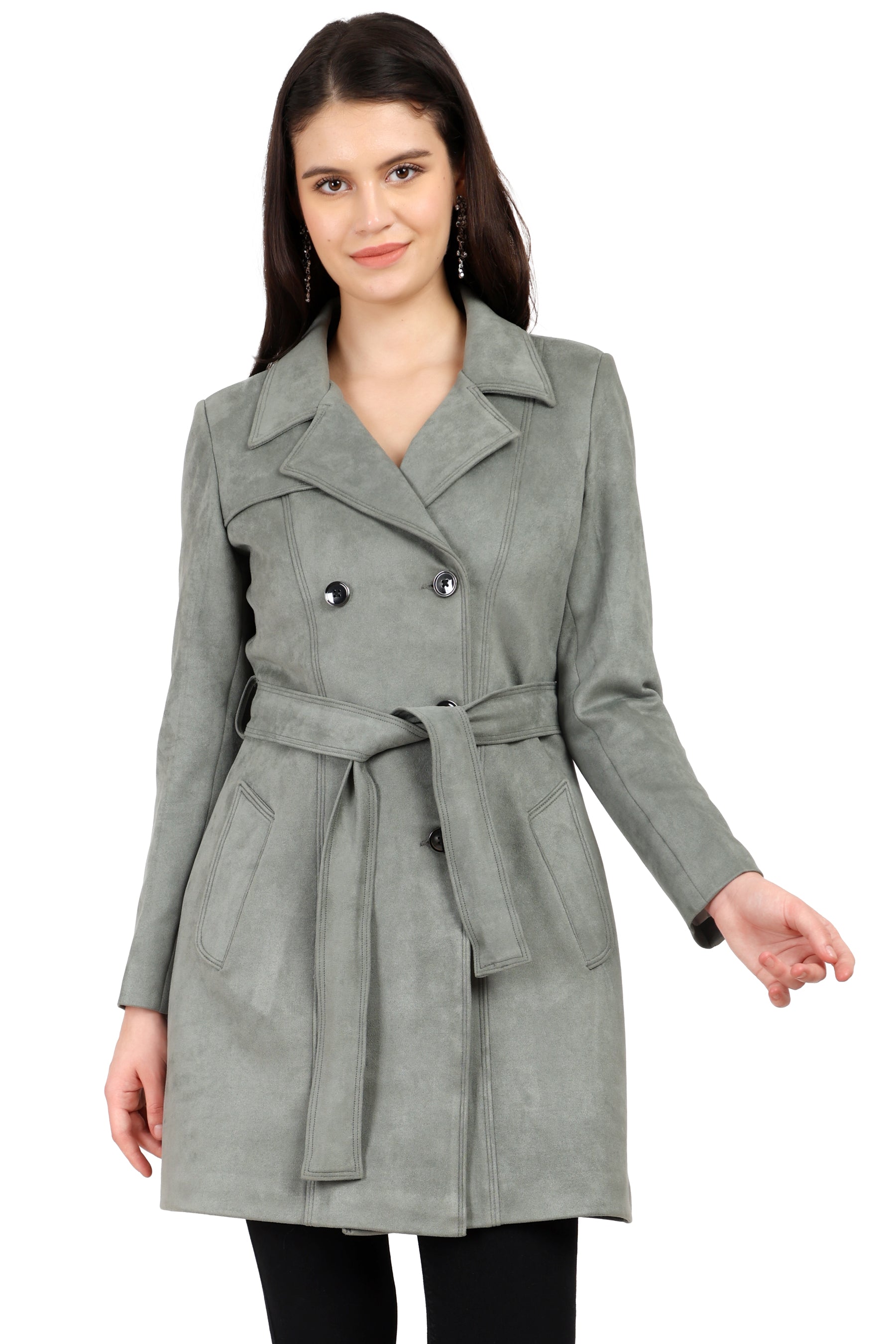 Double Breasted Semi Long Coat in Scuba Suede Fabric
