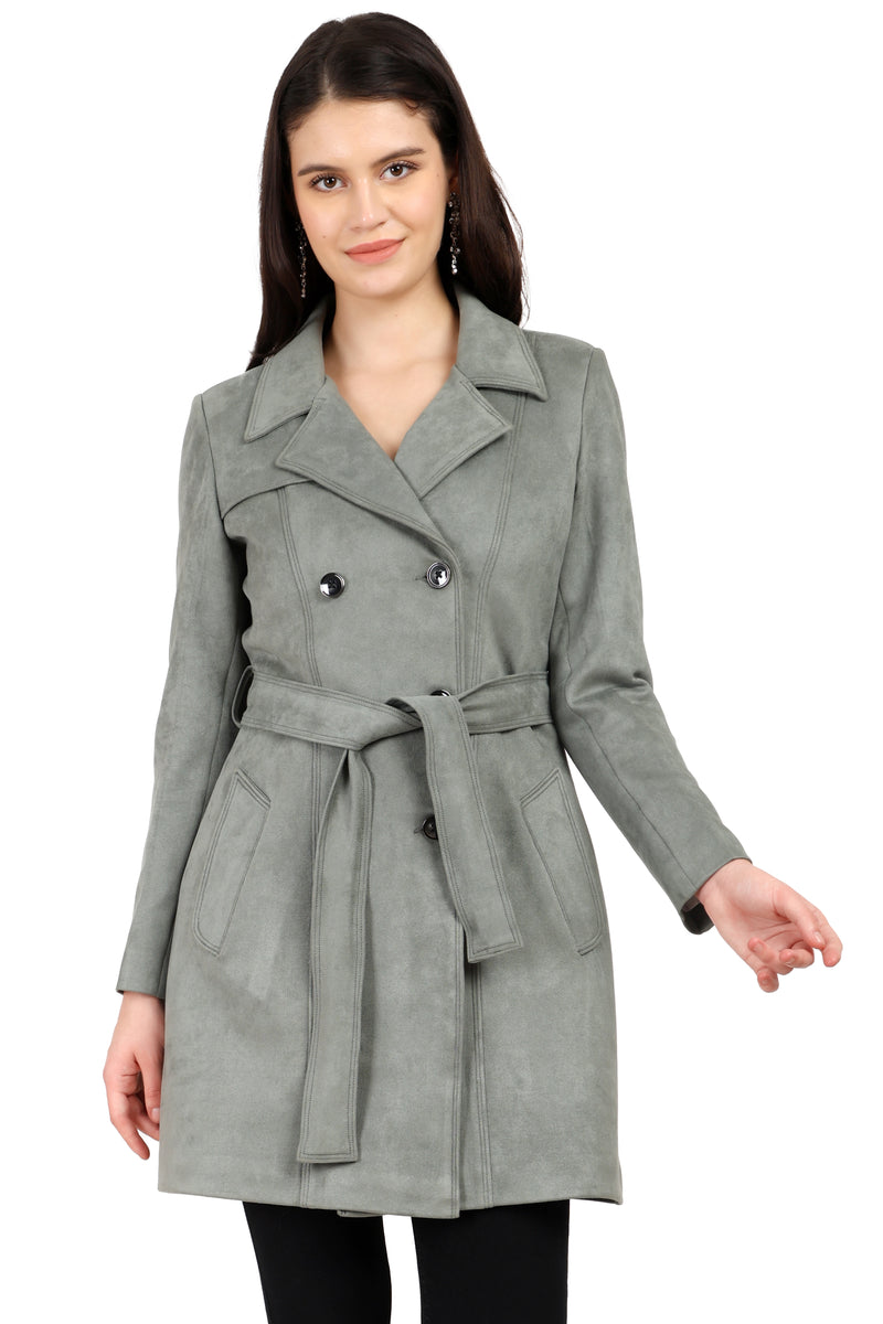Women’s Suede Double-Breasted Trench Coat with Tie Belt