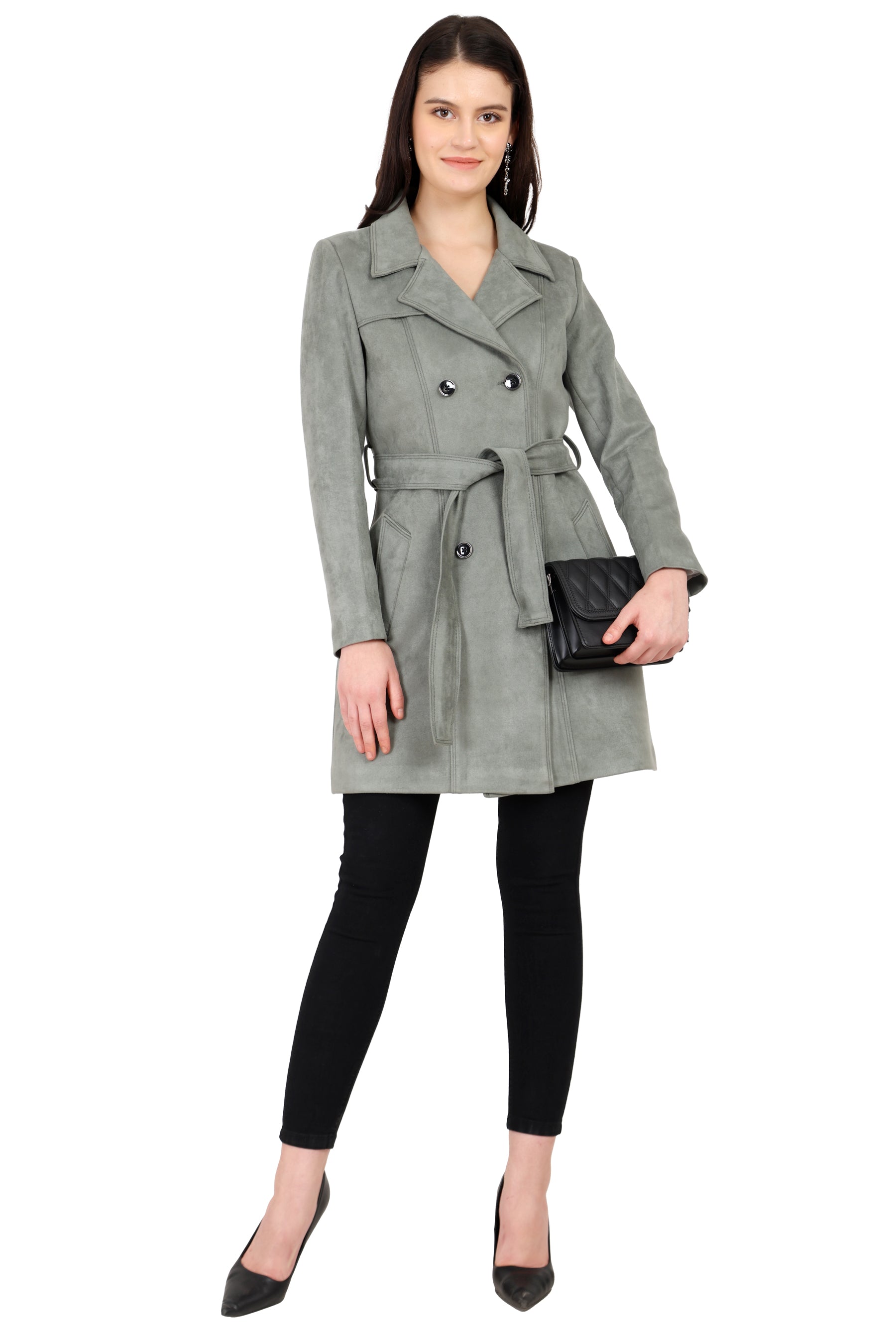 Double Breasted Semi Long Coat in Scuba Suede Fabric
