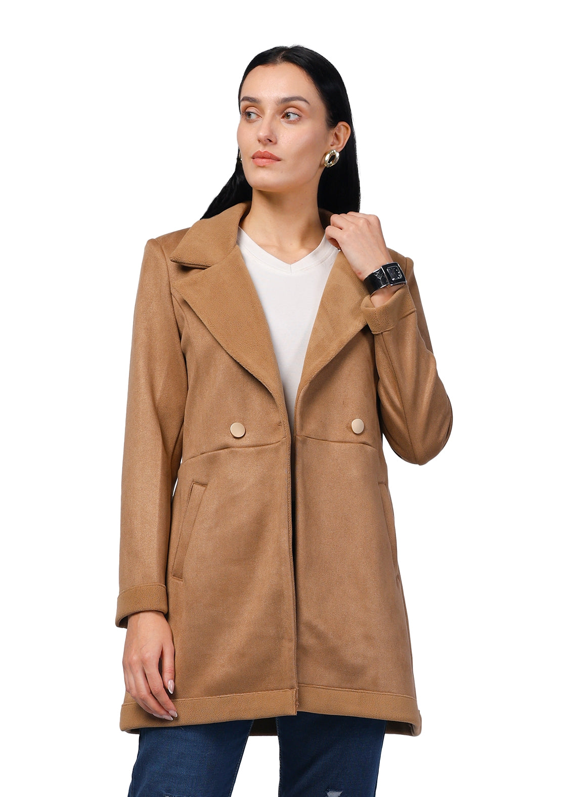 Women's Semi Long Coat in Anti Pilling Suede Fabric