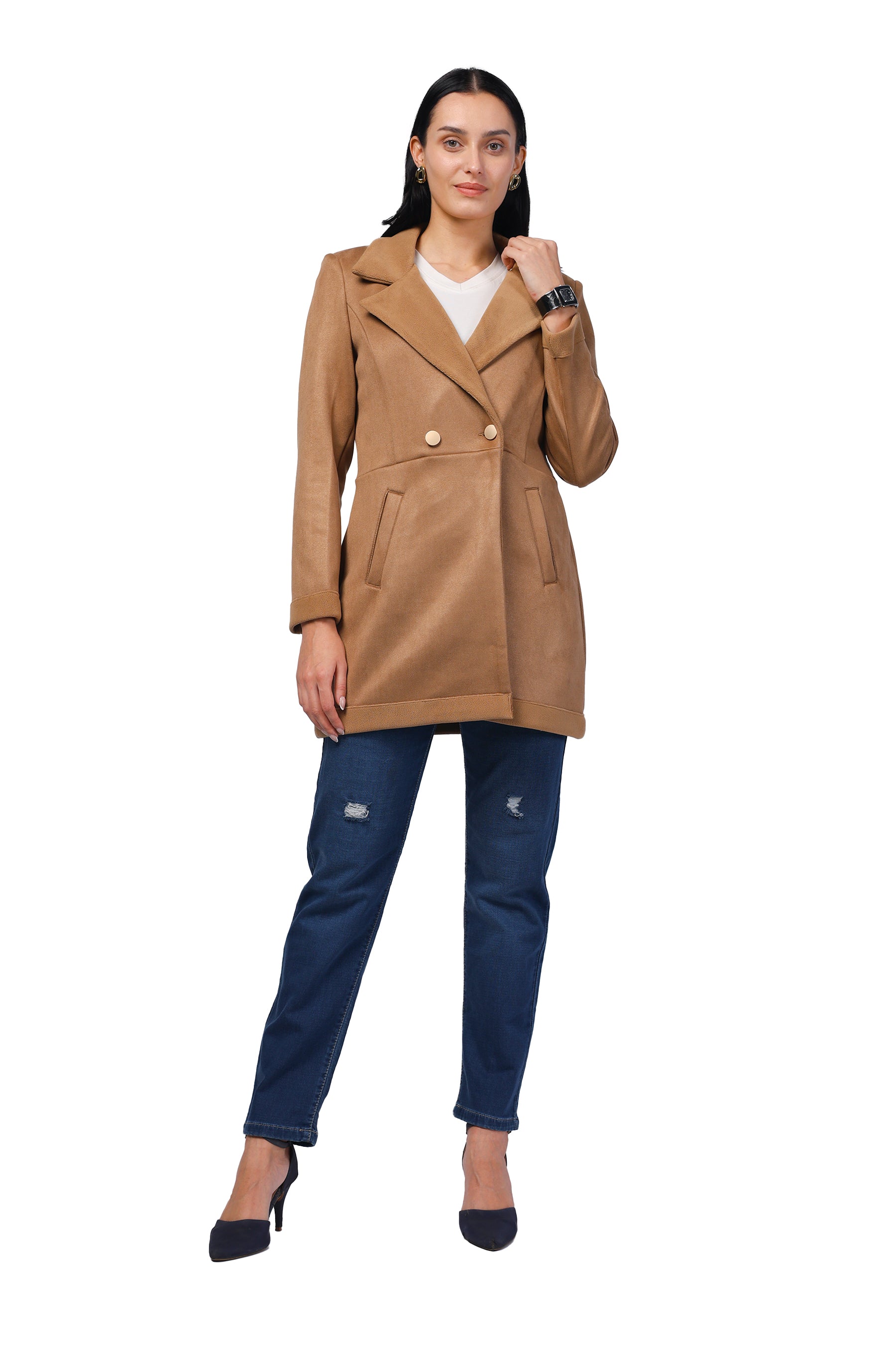 Women's Semi Long Coat in Anti Pilling Suede Fabric