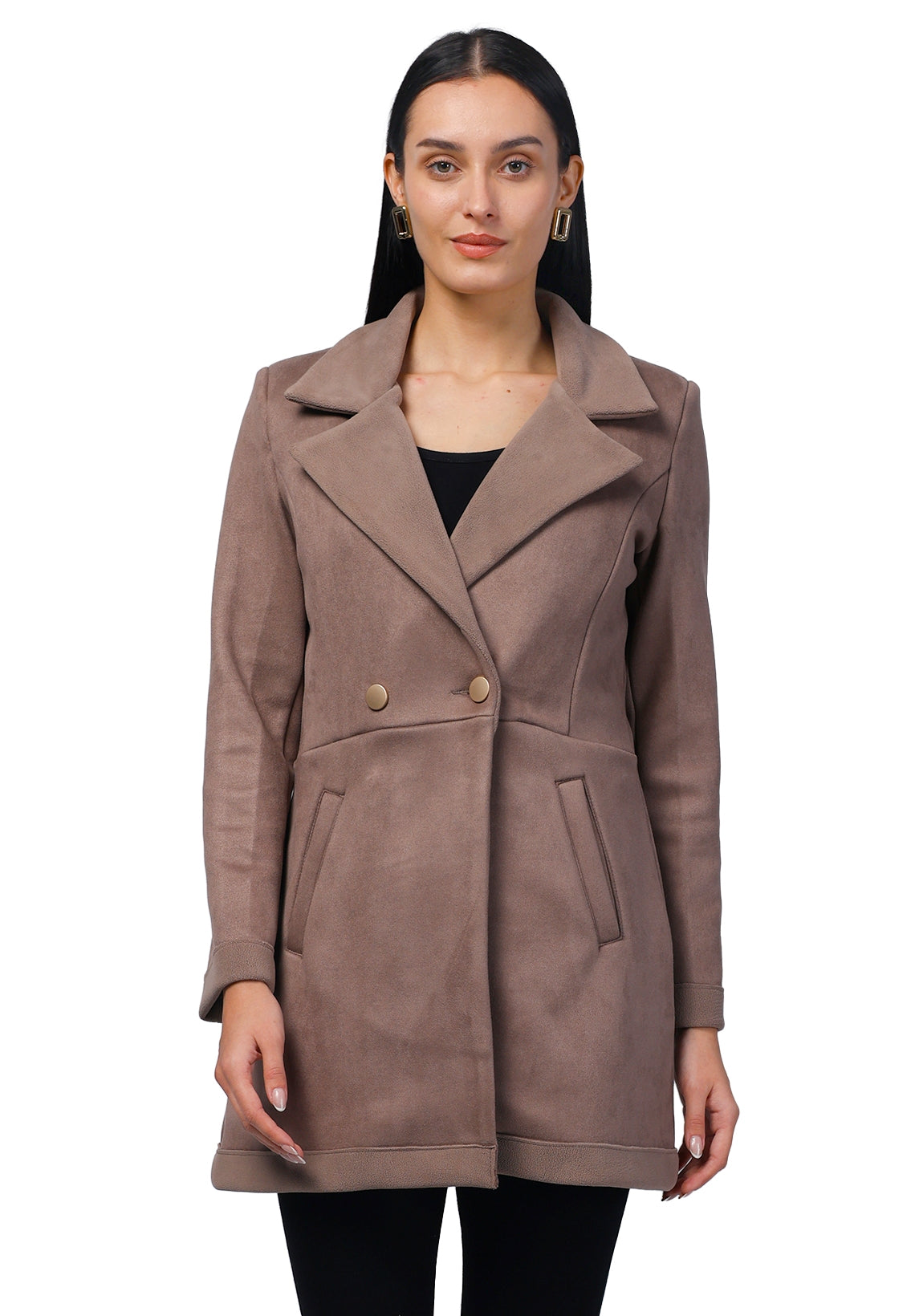 Women's Semi Long Coat in Anti Pilling Suede Fabric