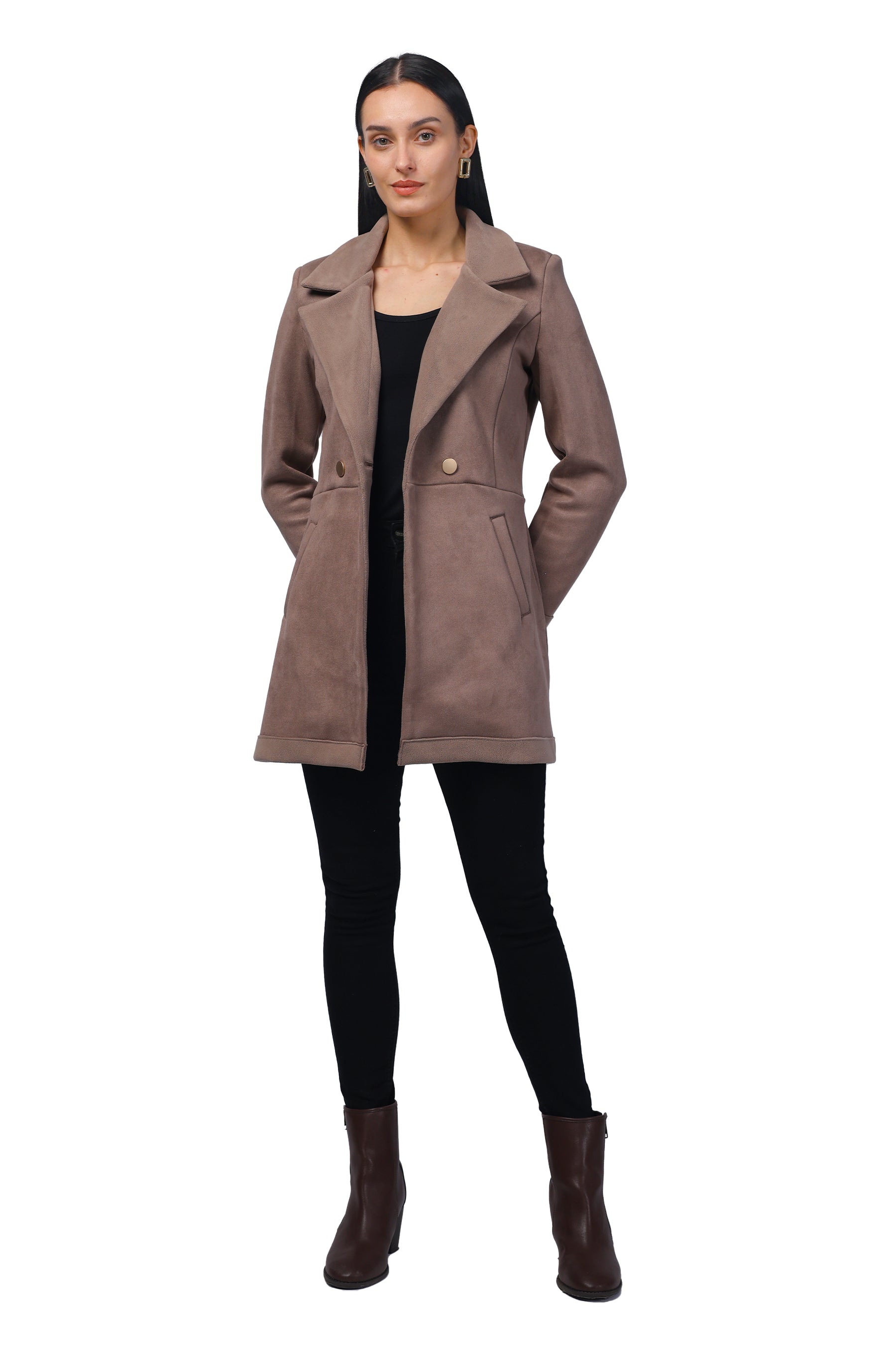 Women's Semi Long Coat in Anti Pilling Suede Fabric