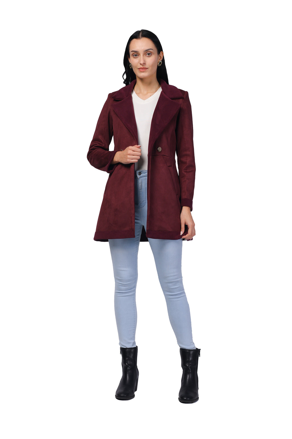 Women's Semi Long Coat in Anti Pilling Suede Fabric