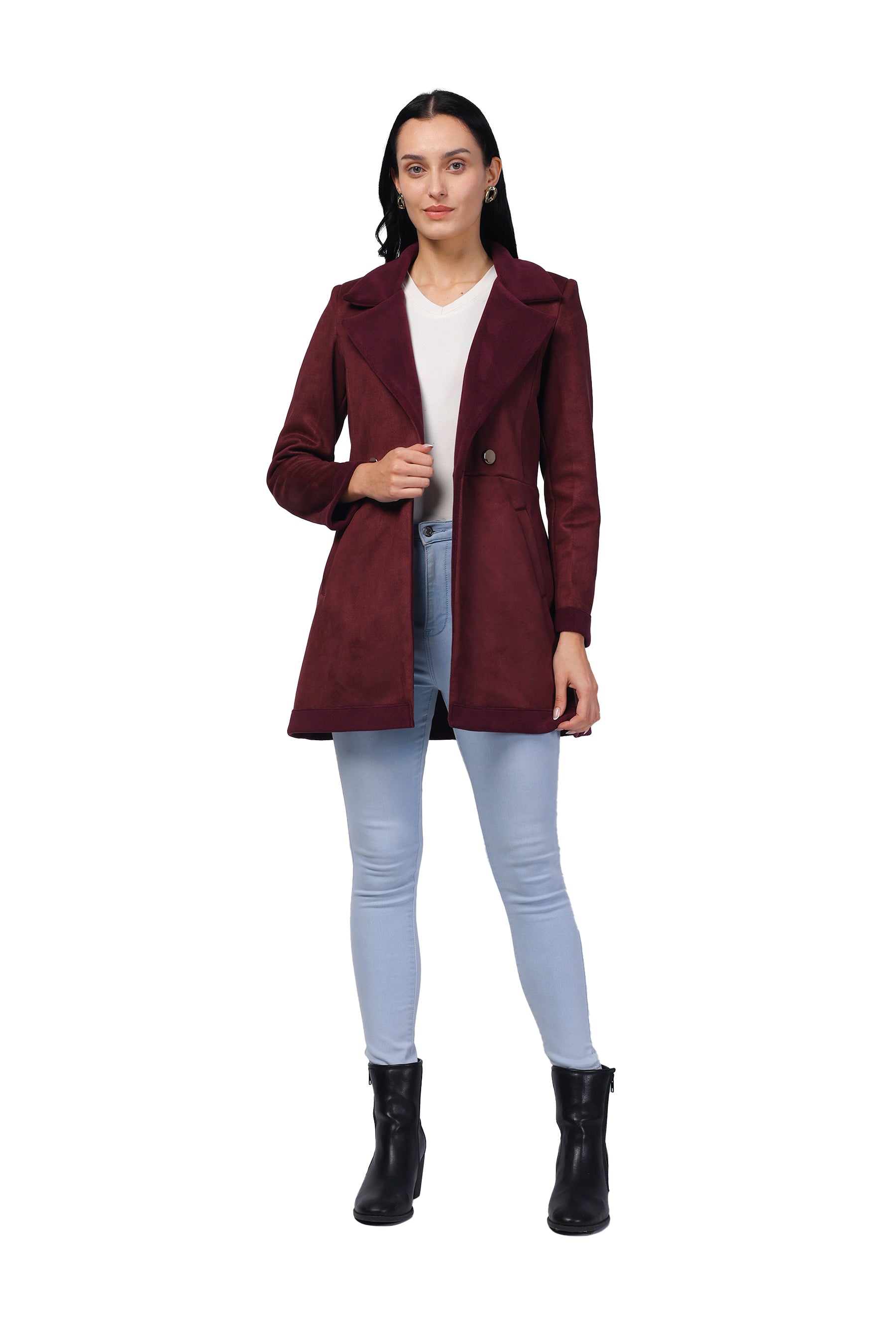 Women's Semi Long Coat in Anti Pilling Suede Fabric