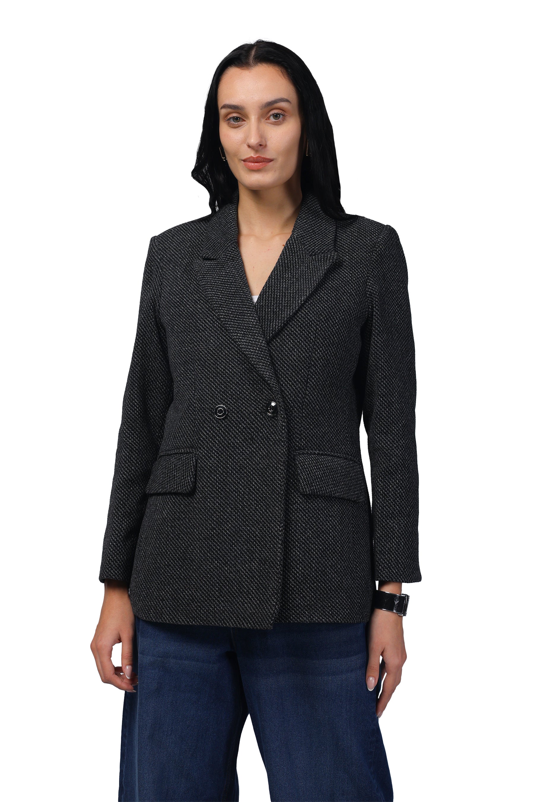 Double Breasted Mid Length Coat in Chenille Tweed Fabric