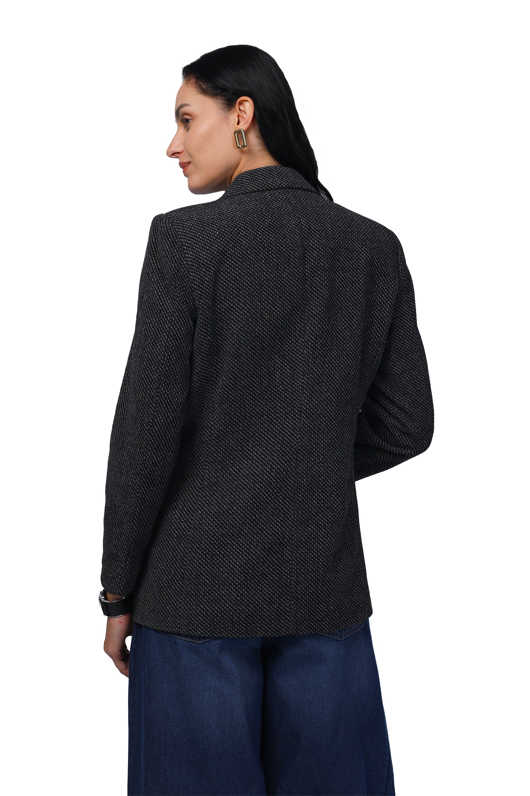 Double Breasted Mid Length Coat in Chenille Tweed Fabric