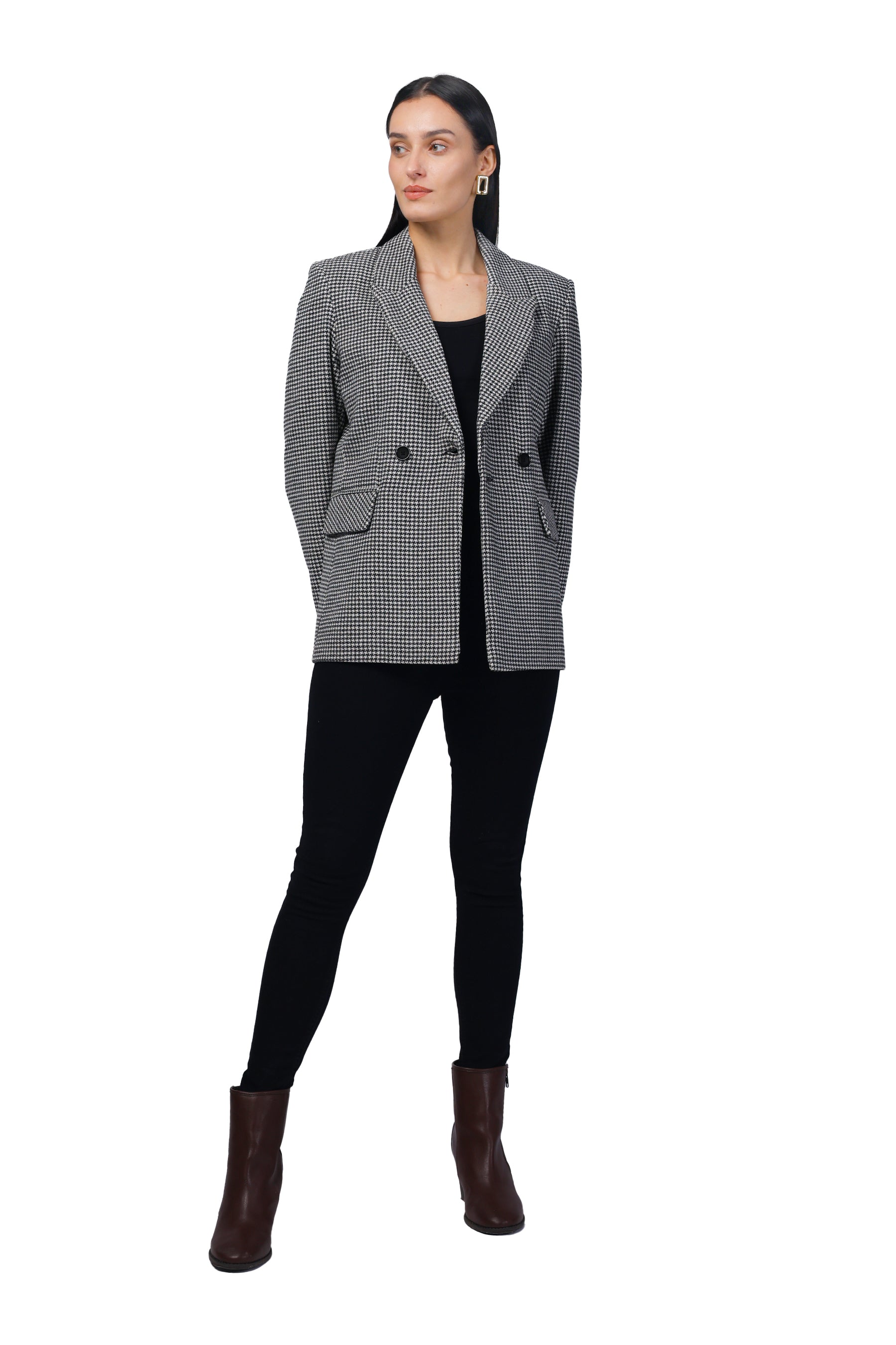 Double Breasted Mid Length Coat in Chenille Tweed Fabric