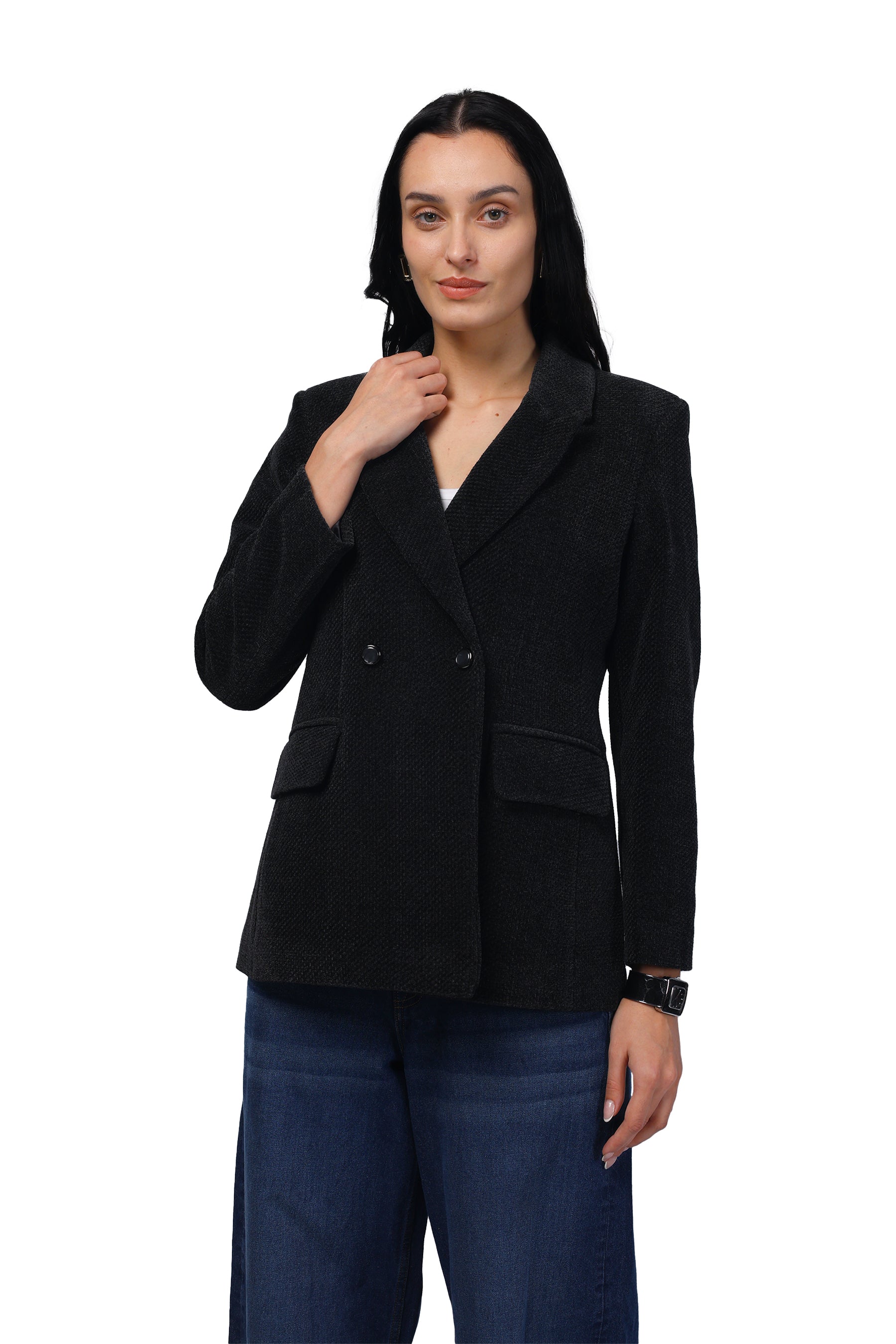 Double Breasted Mid Length Coat in Chenille Tweed Fabric
