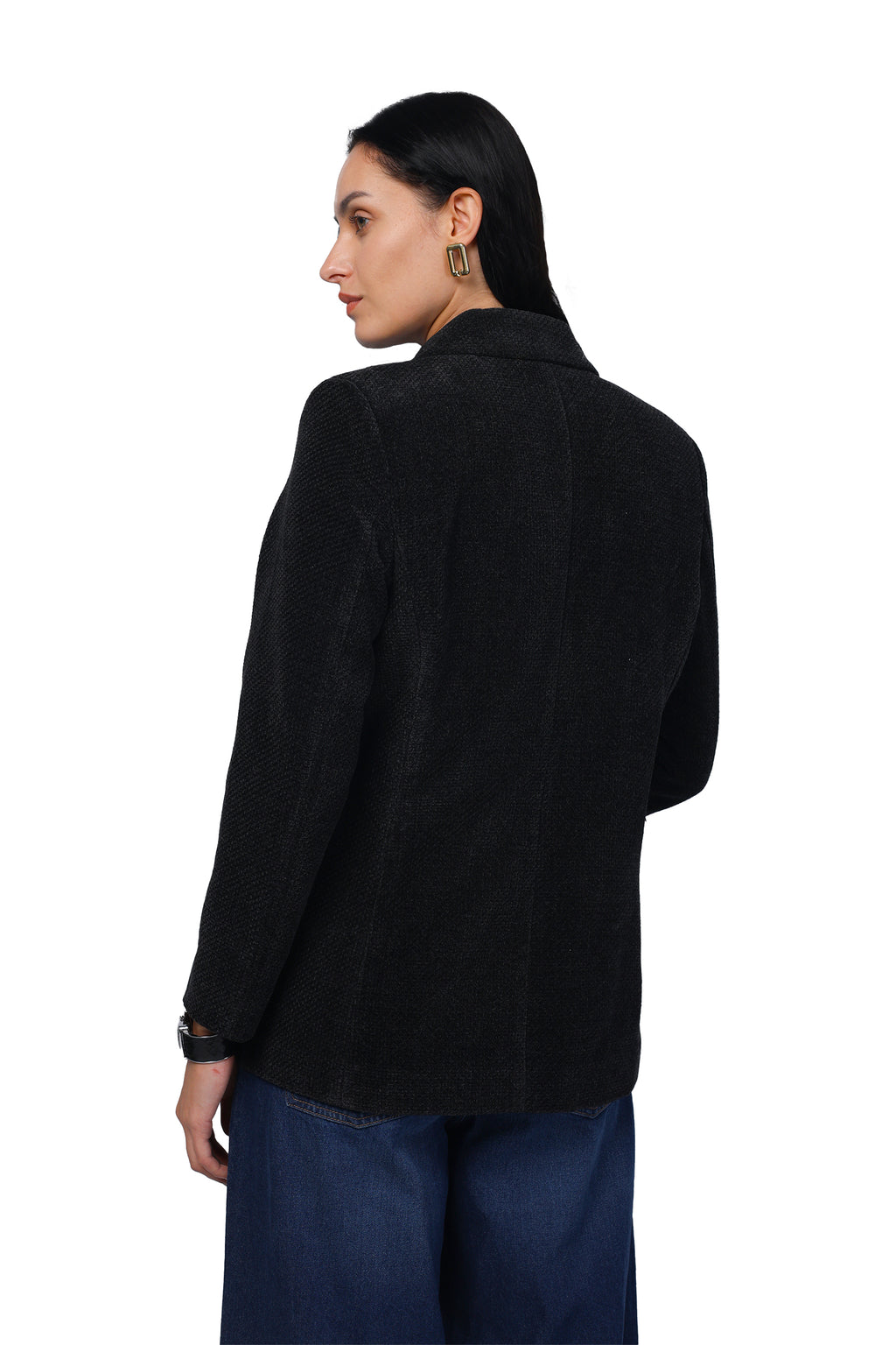 Double Breasted Mid Length Coat in Chenille Tweed Fabric