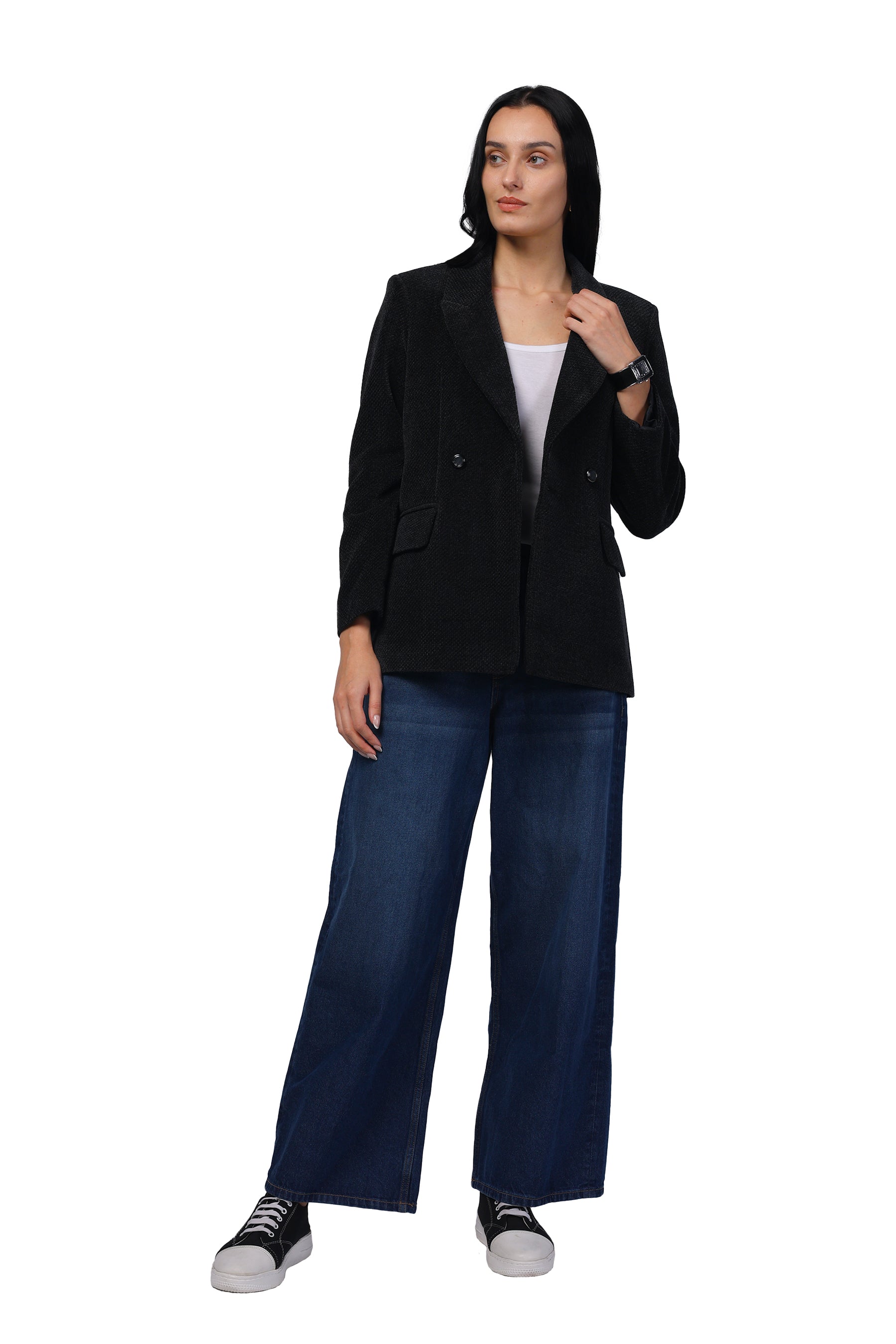 Double Breasted Mid Length Coat in Chenille Tweed Fabric