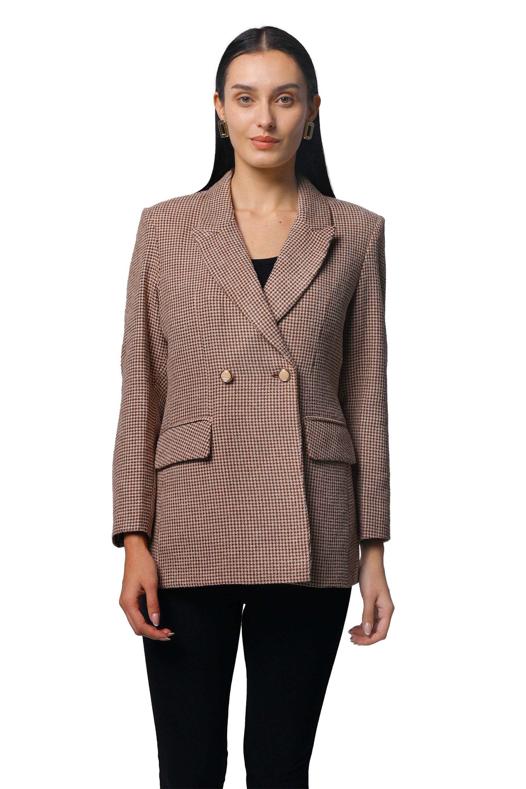 Double Breasted Mid Length Coat in Chenille Tweed Fabric