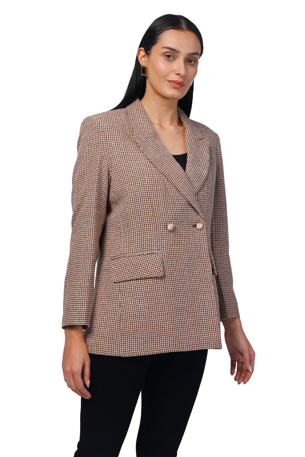 Double Breasted Mid Length Coat in Chenille Tweed Fabric