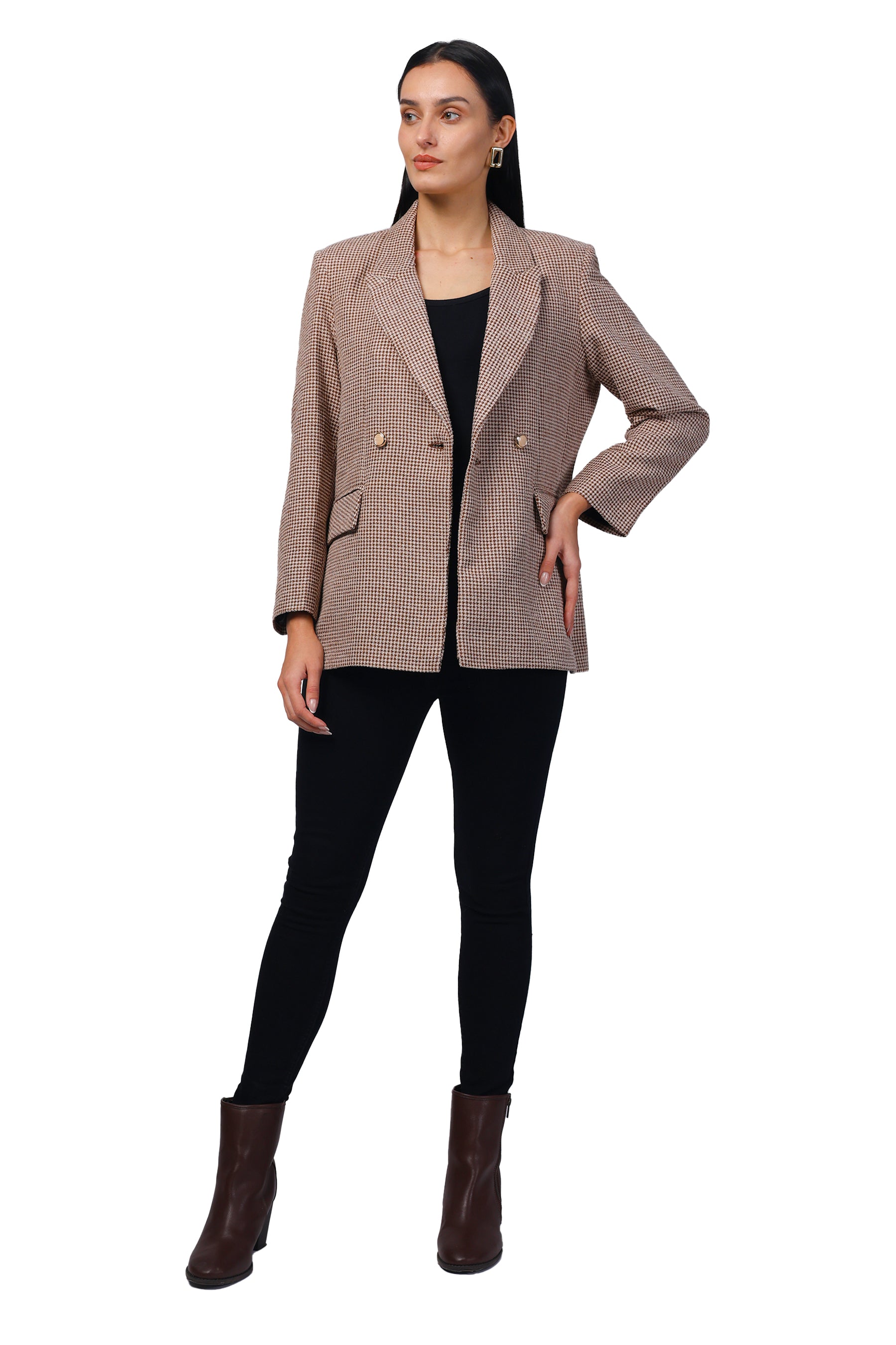 Double Breasted Mid Length Coat in Chenille Tweed Fabric