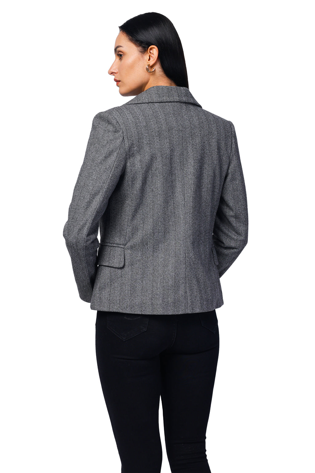 Women's Short Length Coat in Herringbone Tweed Fabric