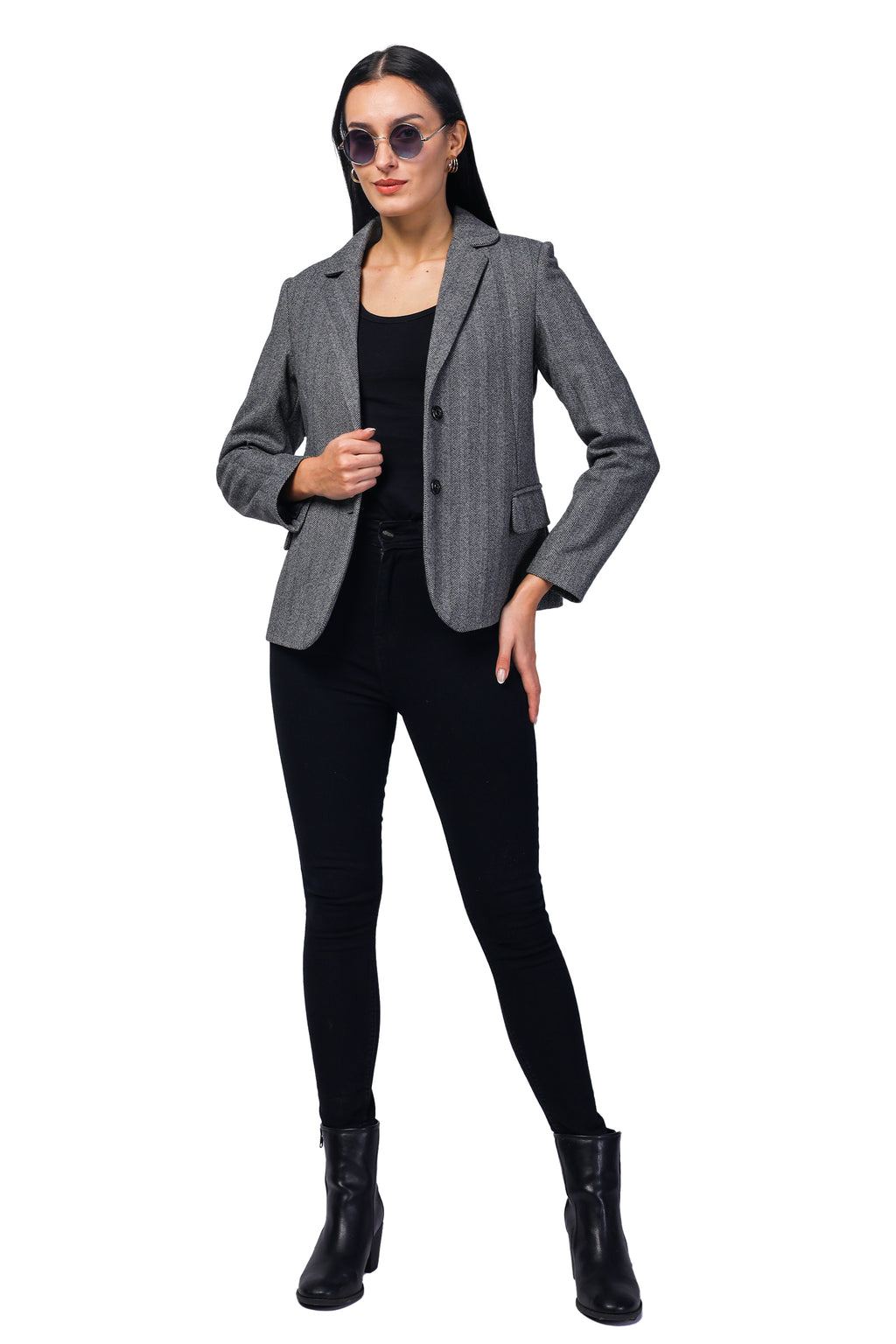 Women's Short Length Coat in Herringbone Tweed Fabric