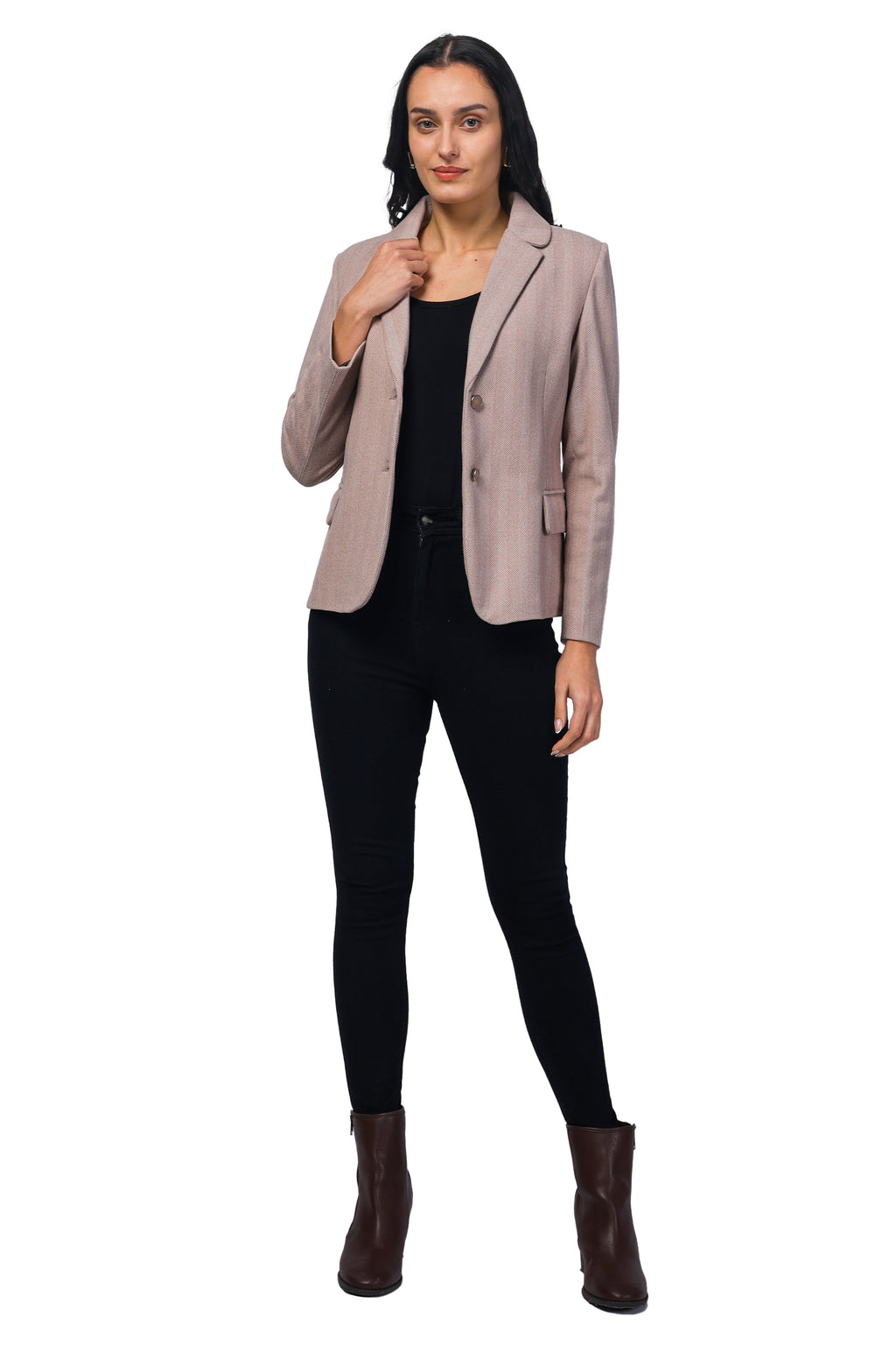 Women's Short Length Coat in Herringbone Tweed Fabric