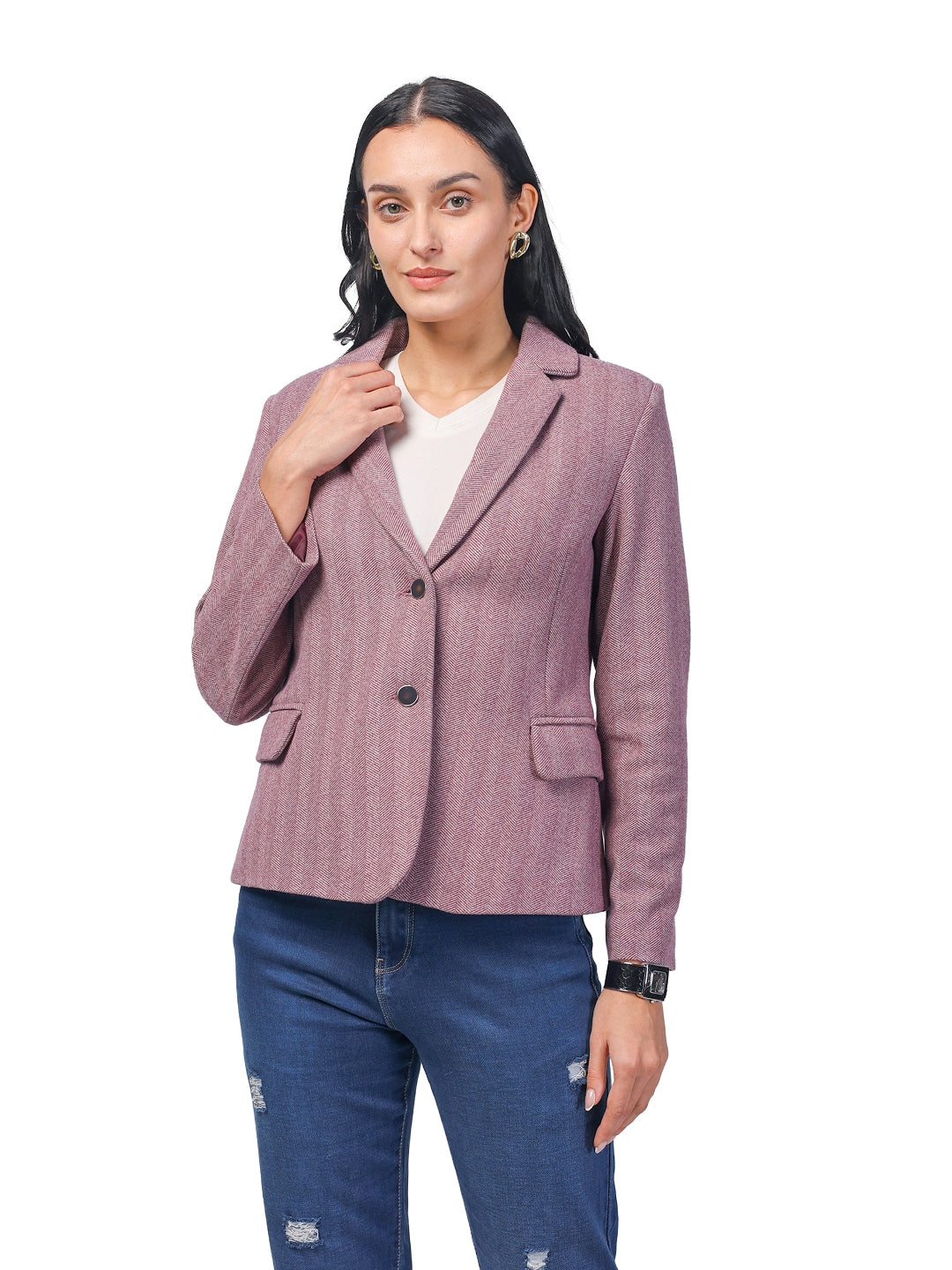 Women's Short Length Coat in Herringbone Tweed Fabric