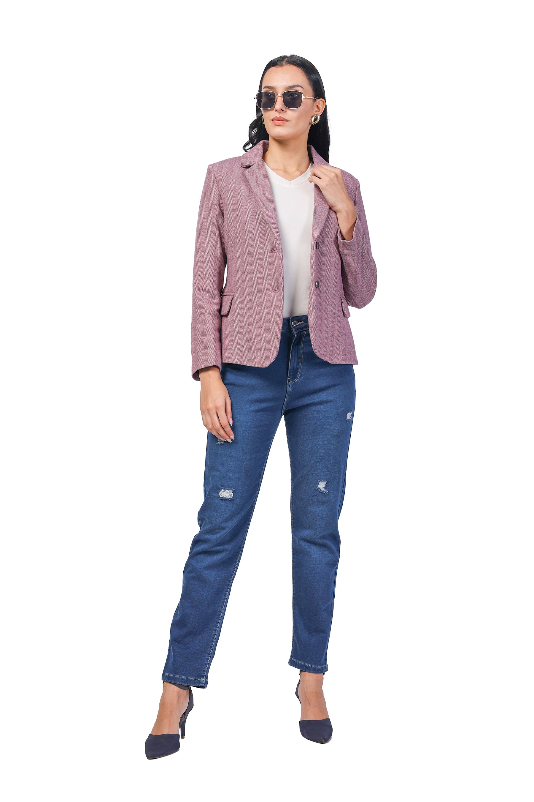 Women's Short Length Coat in Herringbone Tweed Fabric