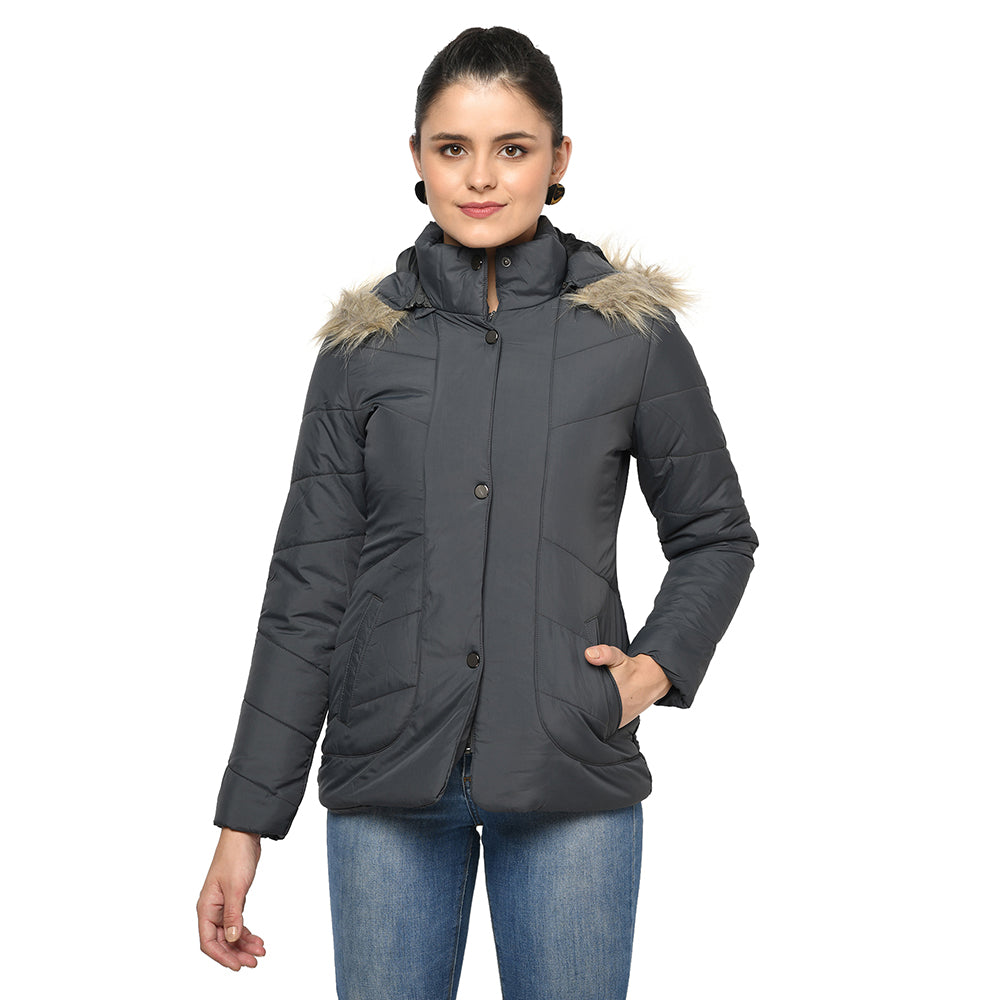 Women's Quilted Jacket in Poly Fabric With Removable Hood
