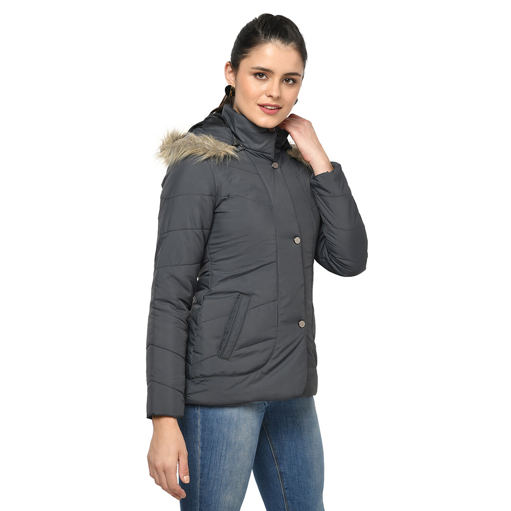 Women's Quilted Jacket in Poly Fabric With Removable Hood