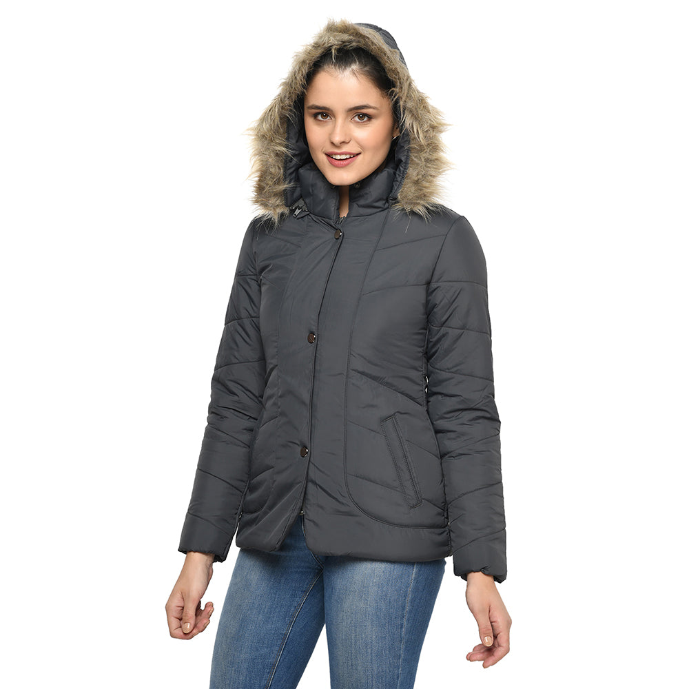 Women's Quilted Jacket in Poly Fabric With Removable Hood