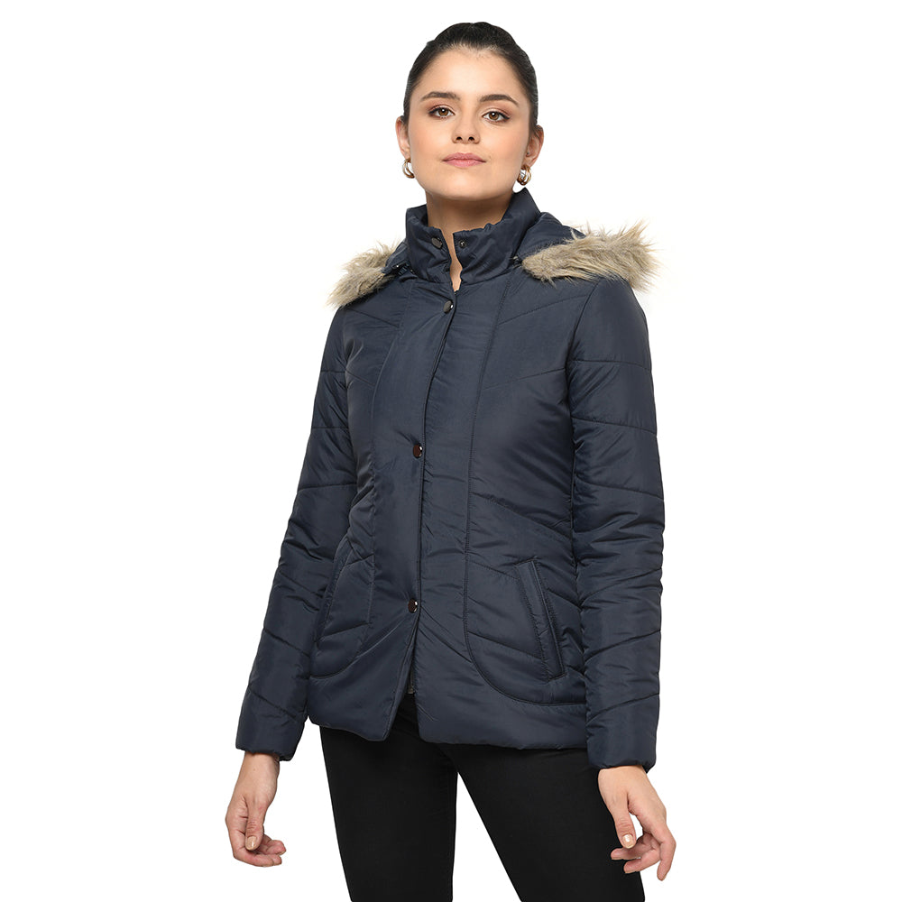 Women's Quilted Jacket in Poly Fabric With Removable Hood