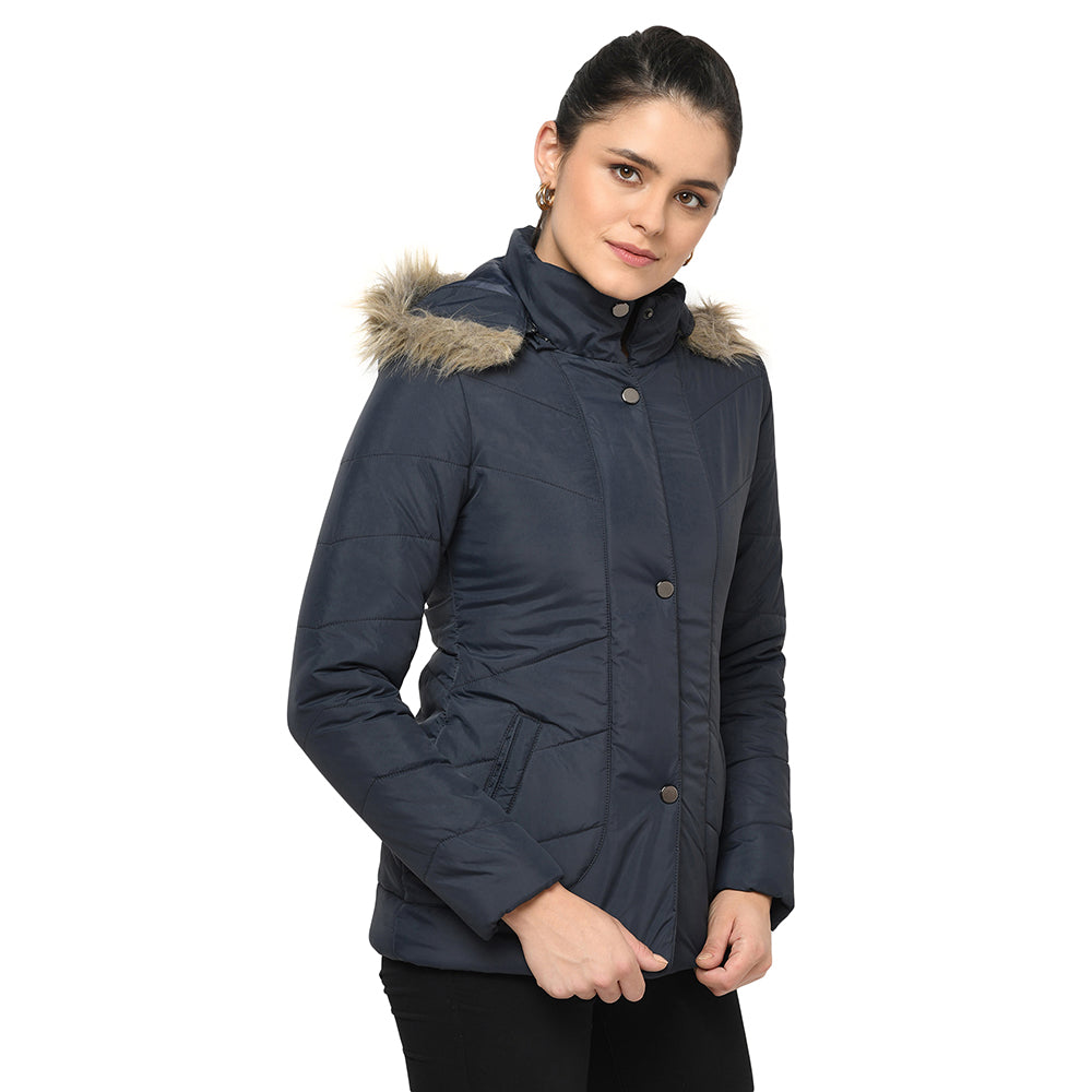 Women's Quilted Jacket in Poly Fabric With Removable Hood