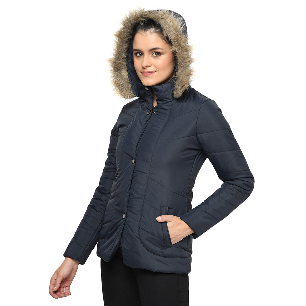 Women's Quilted Jacket in Poly Fabric With Removable Hood