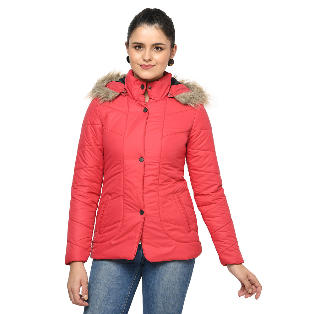 Women's Quilted Jacket in Poly Fabric With Removable Hood