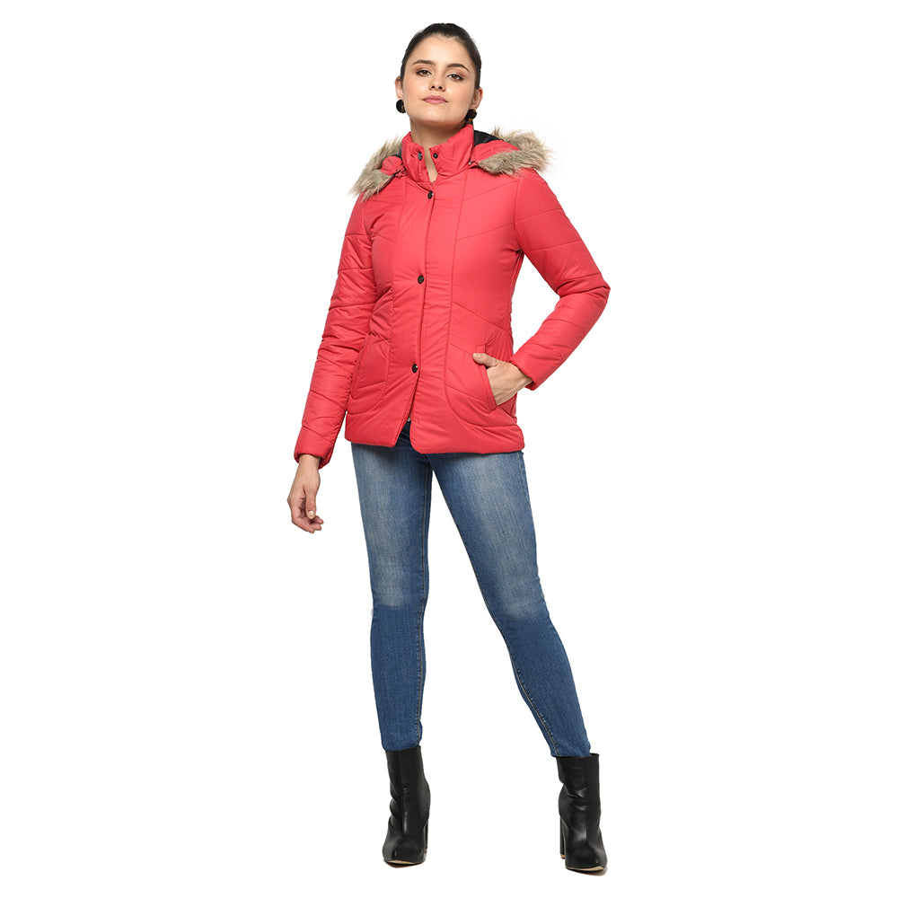 Women's Quilted Jacket in Poly Fabric With Removable Hood