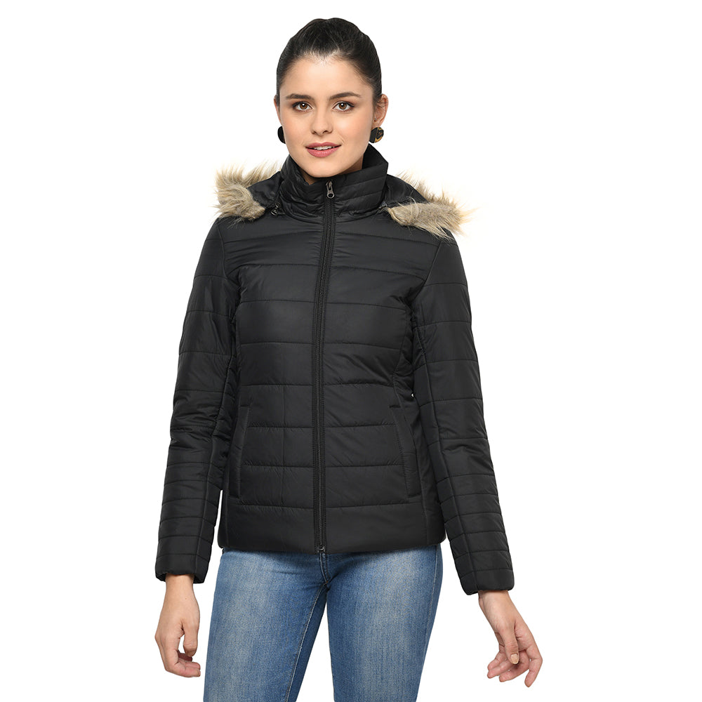 Puffer Jacket in Poly Fabric with Removable Hood