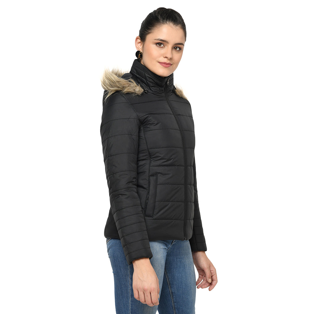 Puffer Jacket in Poly Fabric with Removable Hood