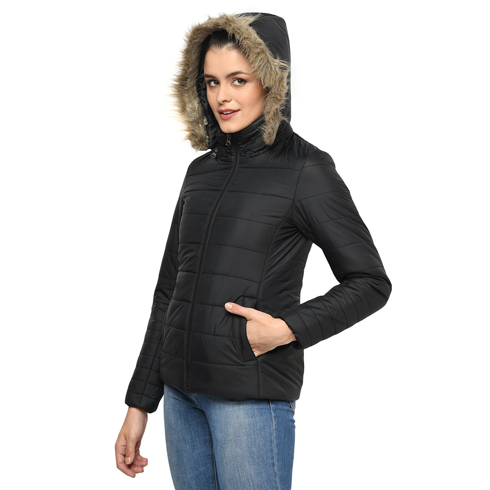 Puffer Jacket in Poly Fabric with Removable Hood