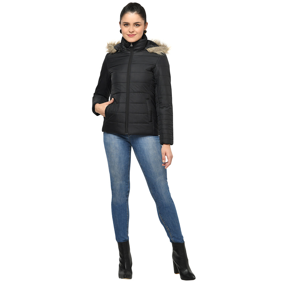Puffer Jacket in Poly Fabric with Removable Hood