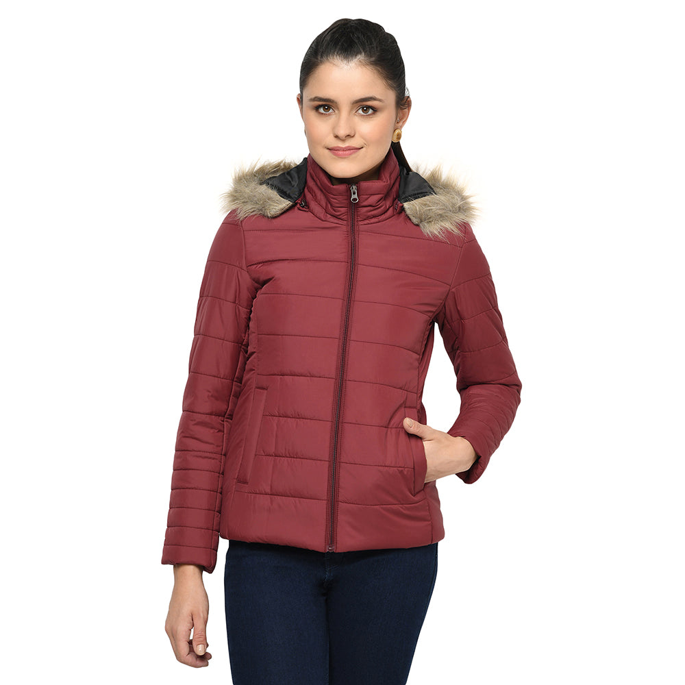 Puffer Jacket in Poly Fabric with Removable Hood