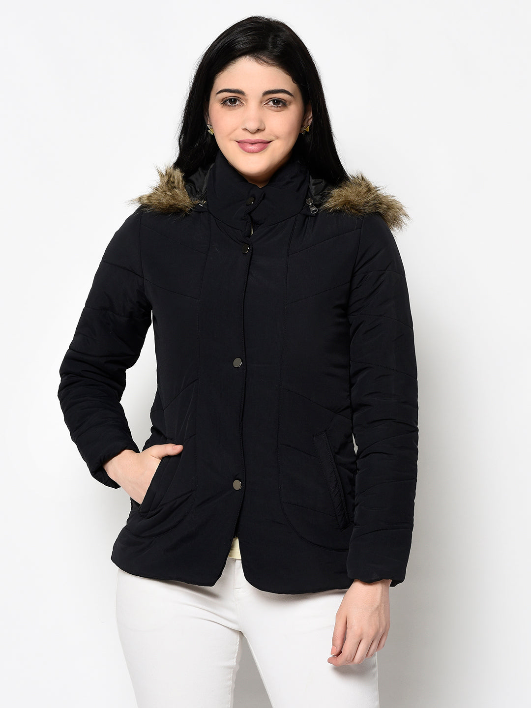 Women's Polyester Quilted Jacket With Remvoable Hood