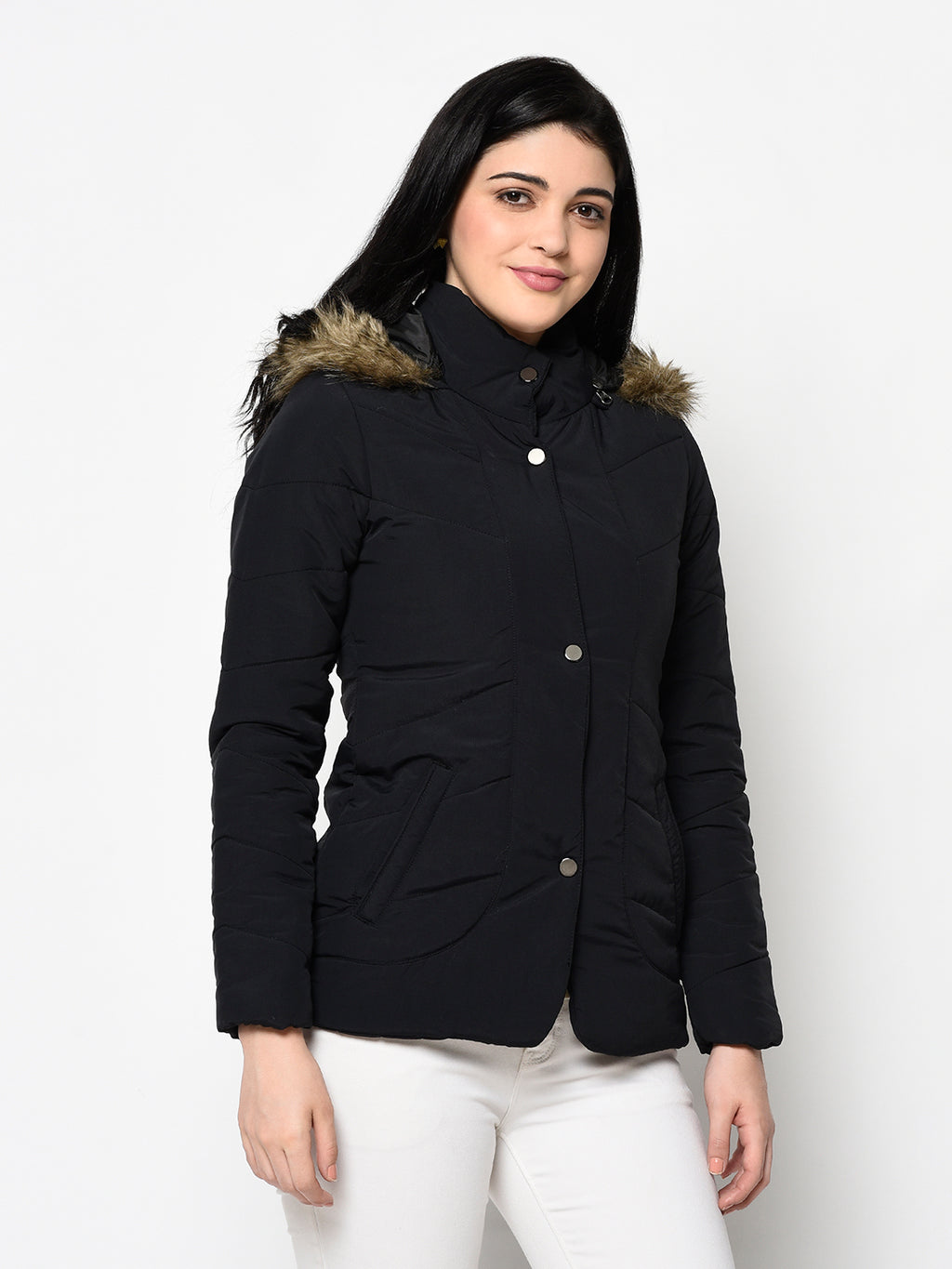 Women's Polyester Quilted Jacket With Remvoable Hood